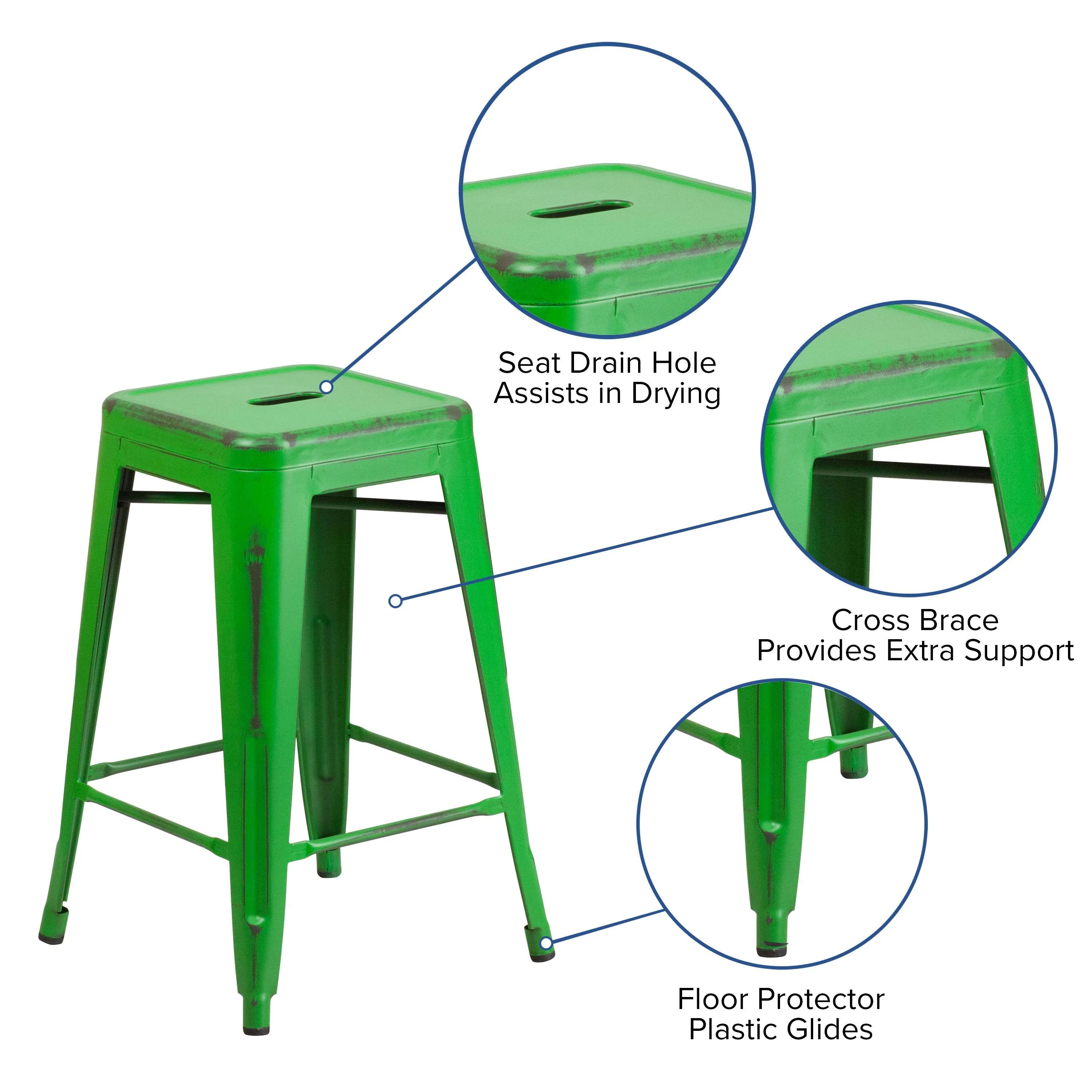 Commercial Grade 24" High Backless Distressed Metal Indoor-Outdoor Counter Height Stool