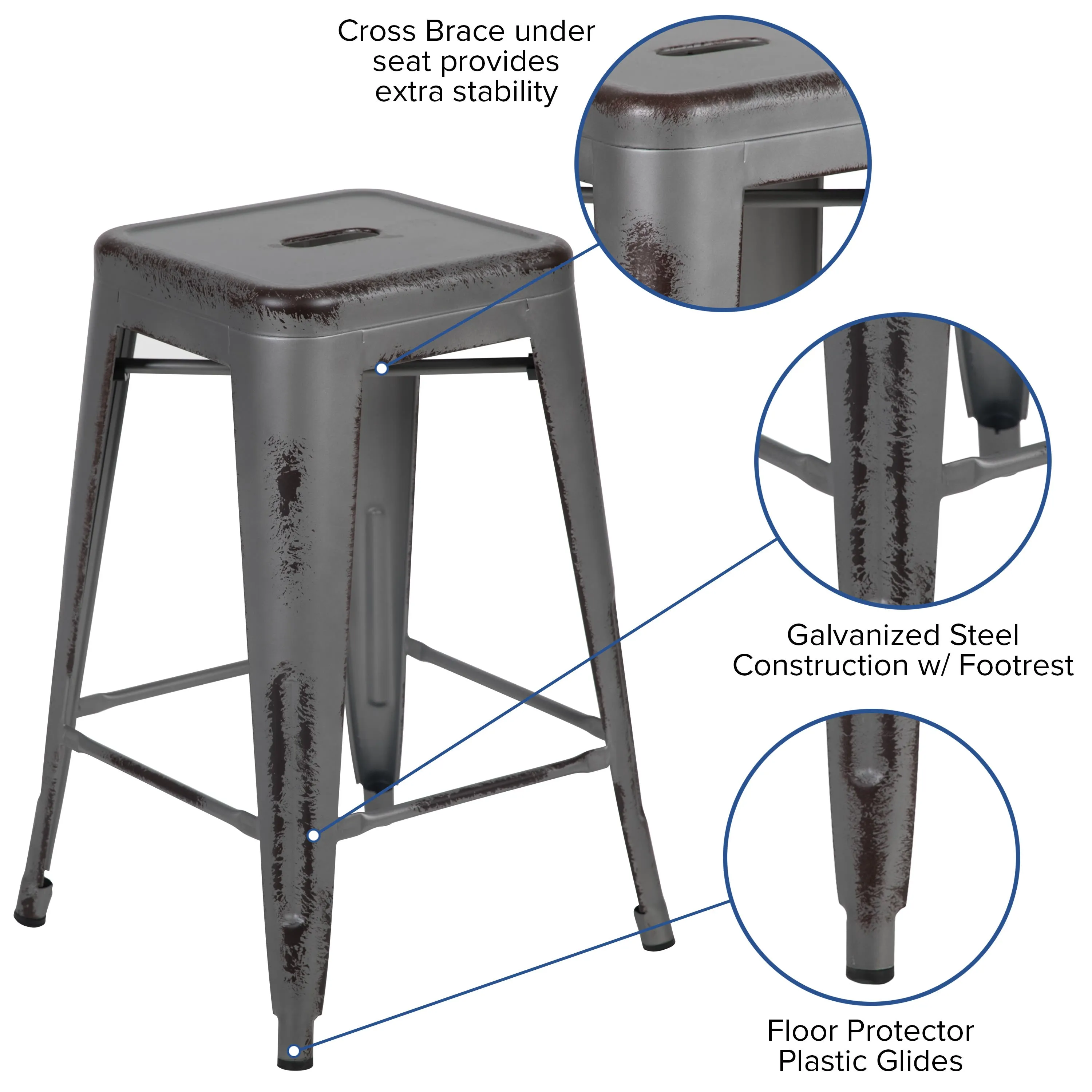 Commercial Grade 24" High Backless Distressed Metal Indoor-Outdoor Counter Height Stool