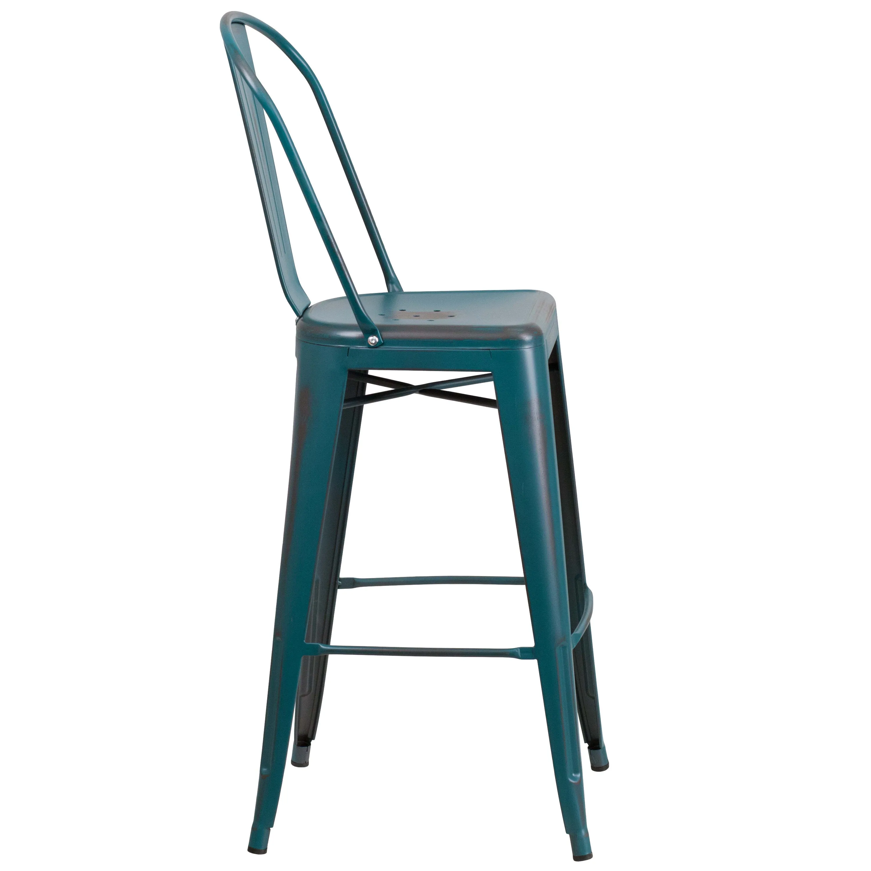 Commercial Grade 30" High Distressed Metal Indoor-Outdoor Barstool with Back