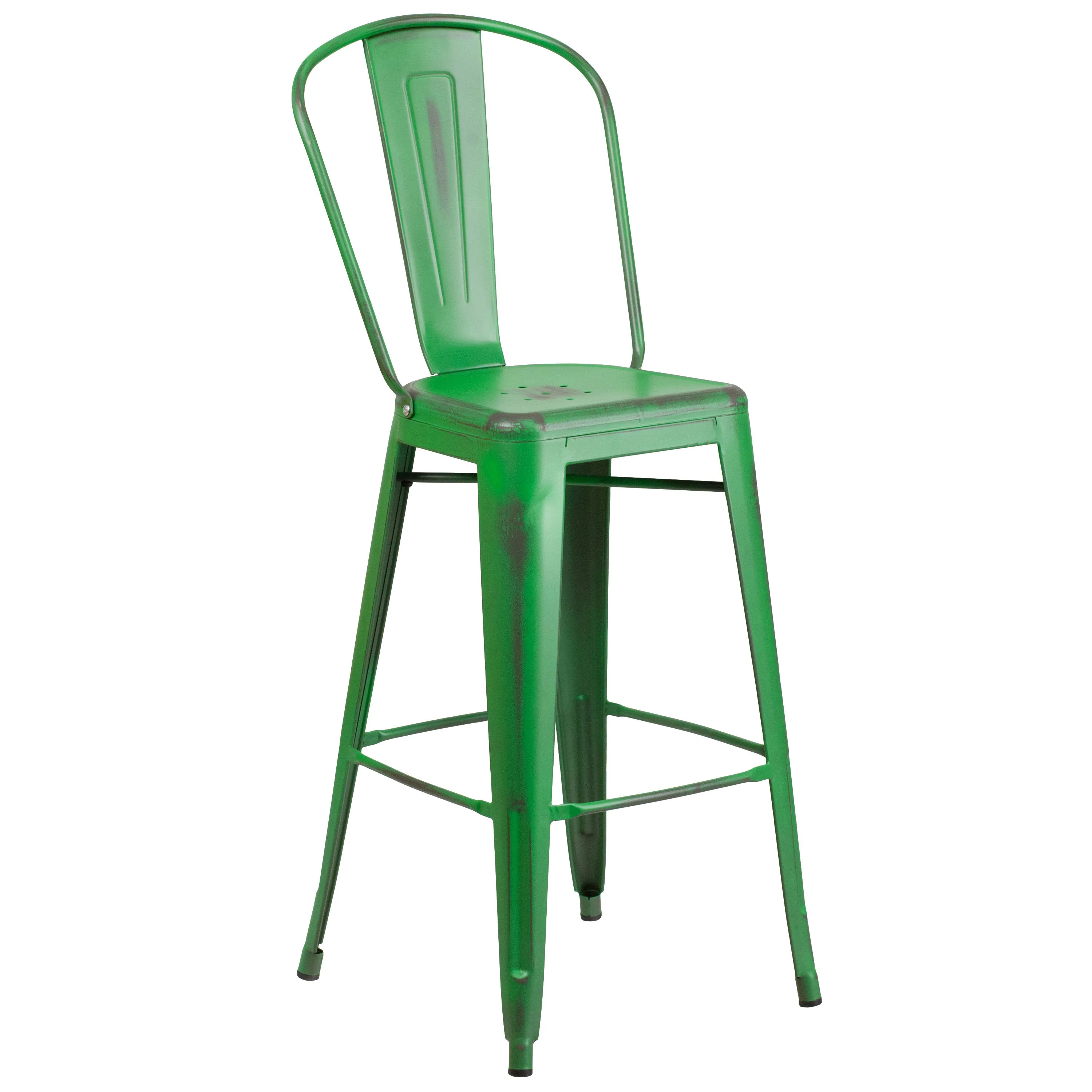 Commercial Grade 30" High Distressed Metal Indoor-Outdoor Barstool with Back