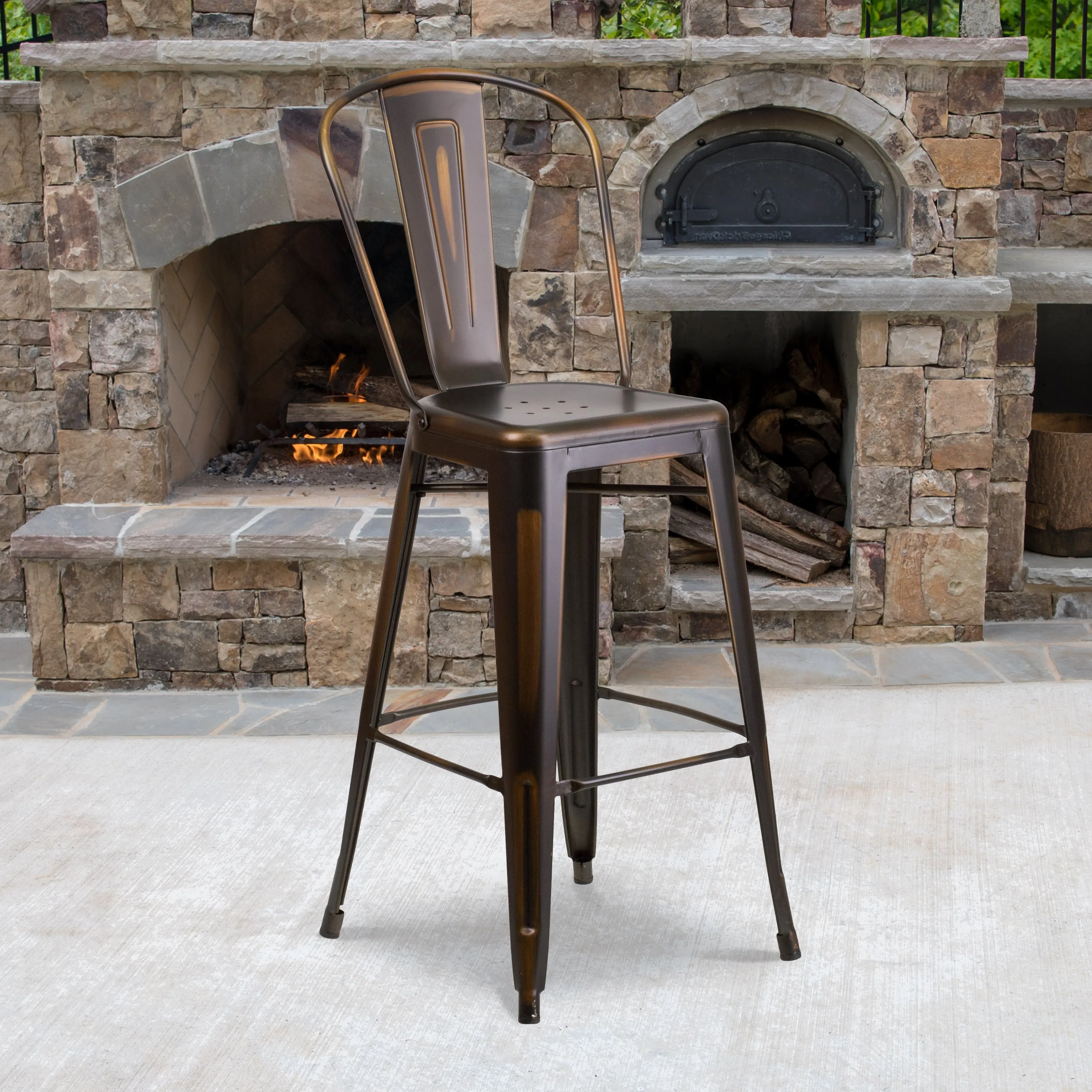 Commercial Grade 30" High Distressed Metal Indoor-Outdoor Barstool with Back