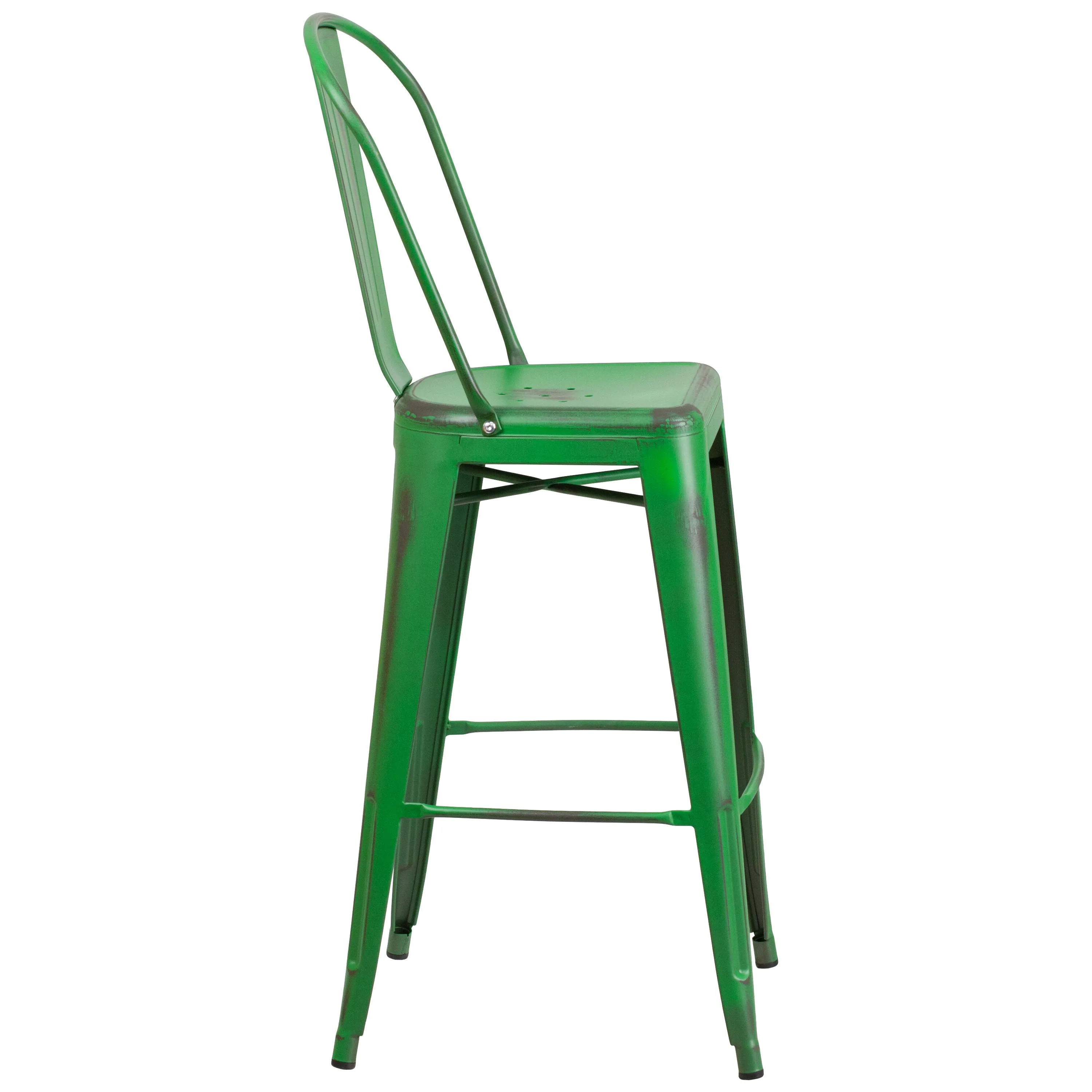 Commercial Grade 30" High Distressed Metal Indoor-Outdoor Barstool with Back