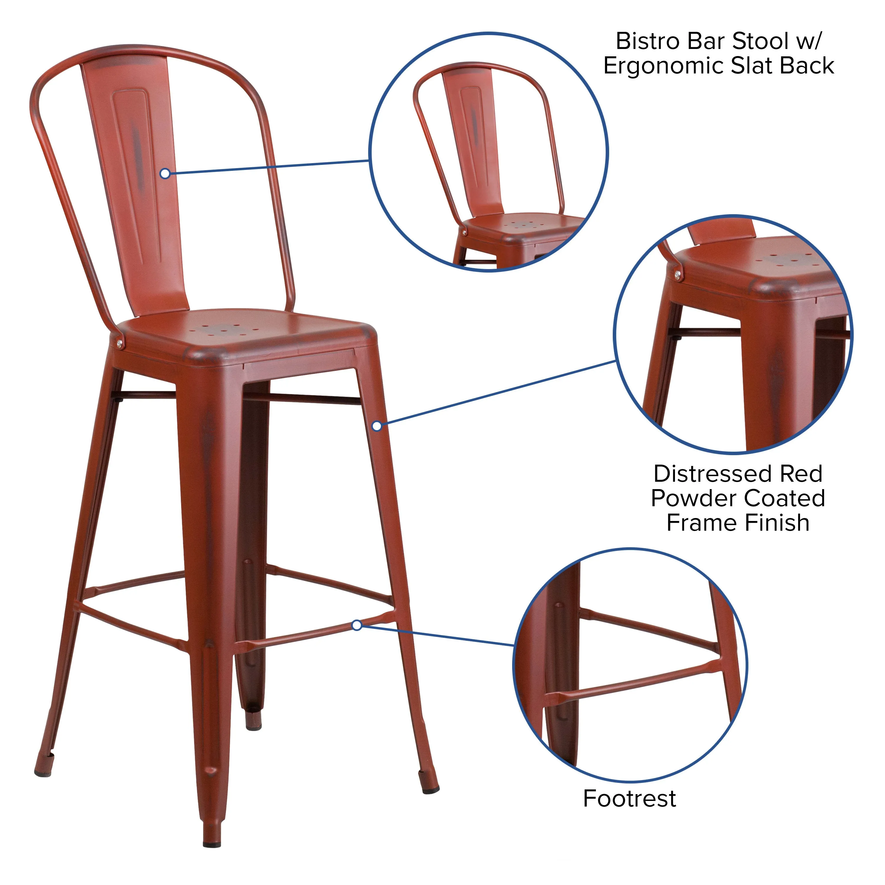 Commercial Grade 30" High Distressed Metal Indoor-Outdoor Barstool with Back