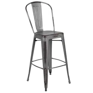 Commercial Grade 30" High Distressed Metal Indoor-Outdoor Barstool with Back