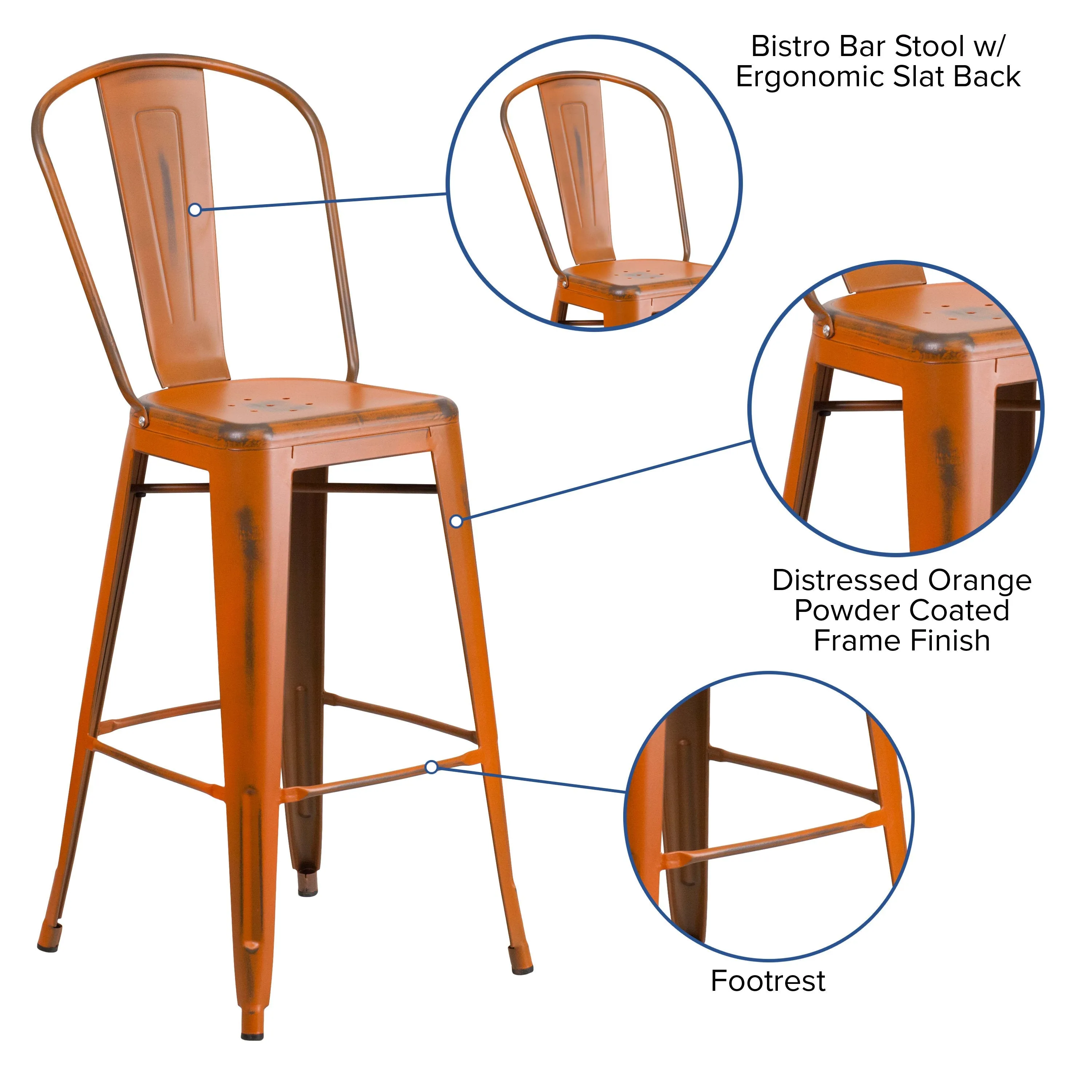 Commercial Grade 30" High Distressed Metal Indoor-Outdoor Barstool with Back