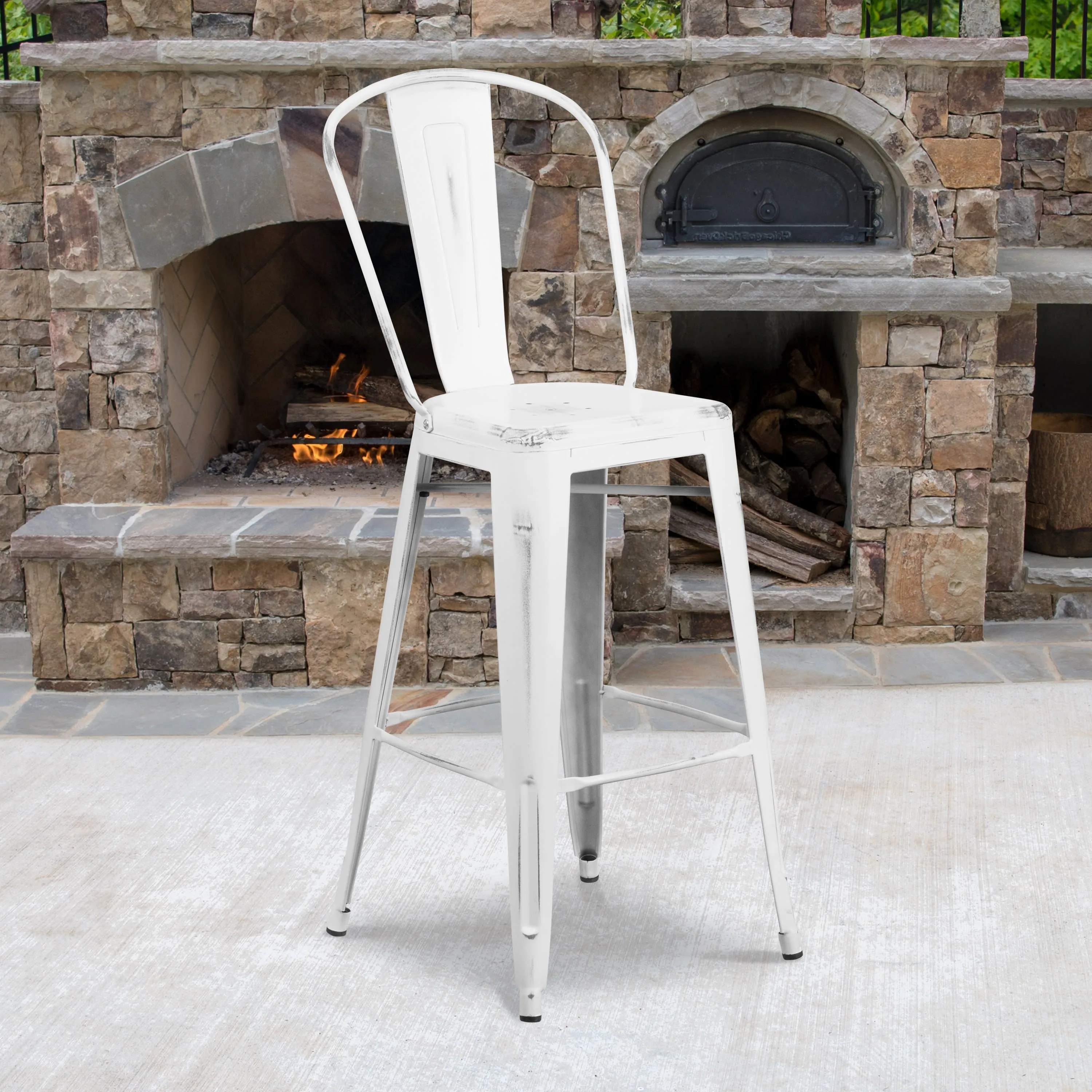 Commercial Grade 30" High Distressed Metal Indoor-Outdoor Barstool with Back