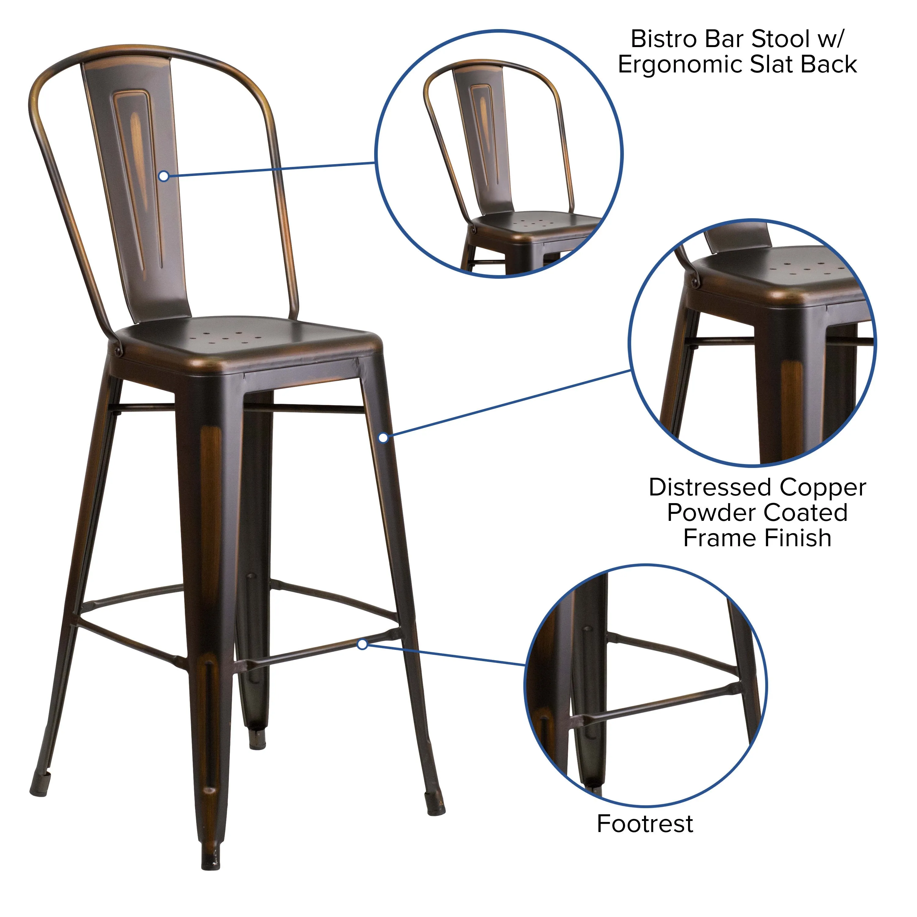 Commercial Grade 30" High Distressed Metal Indoor-Outdoor Barstool with Back