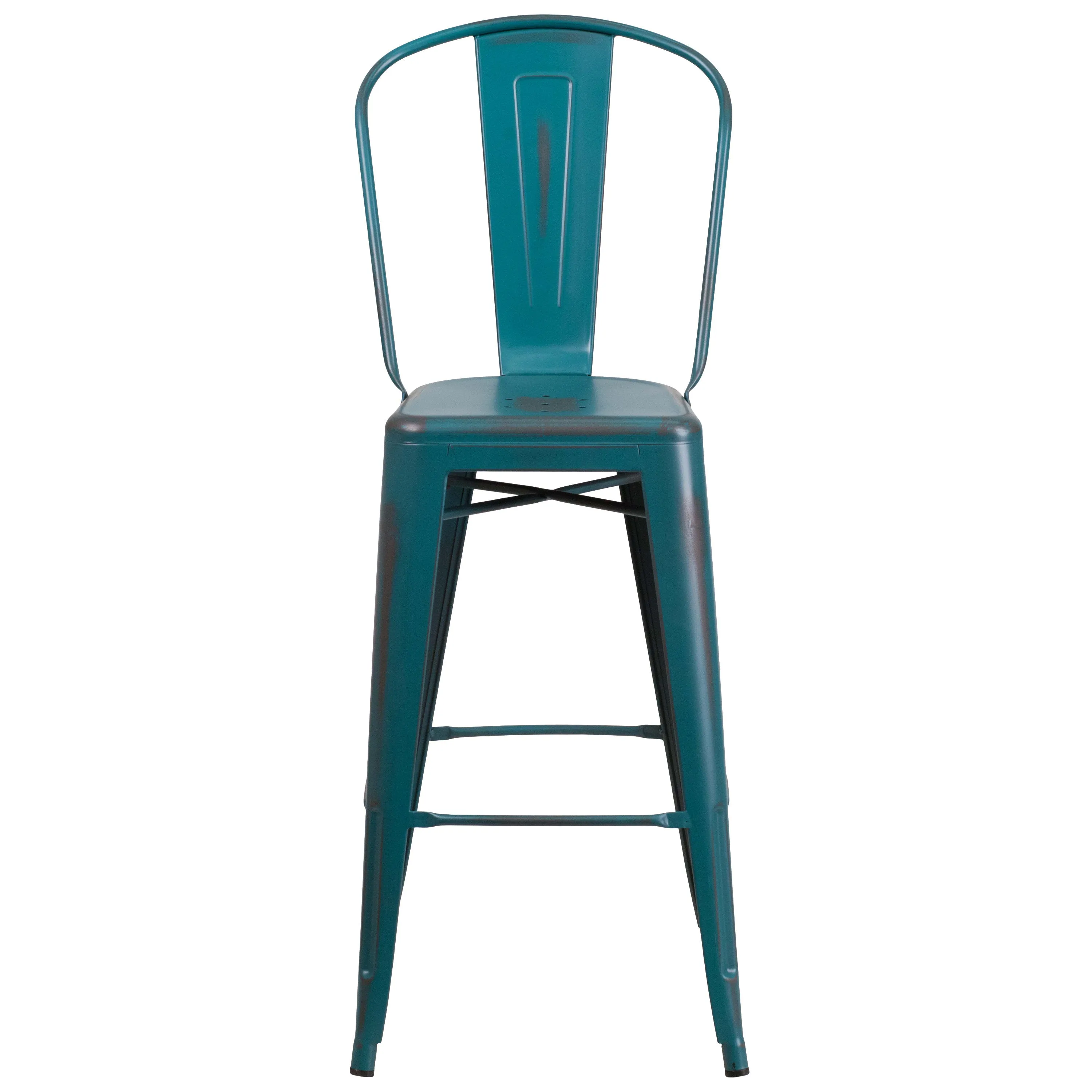 Commercial Grade 30" High Distressed Metal Indoor-Outdoor Barstool with Back