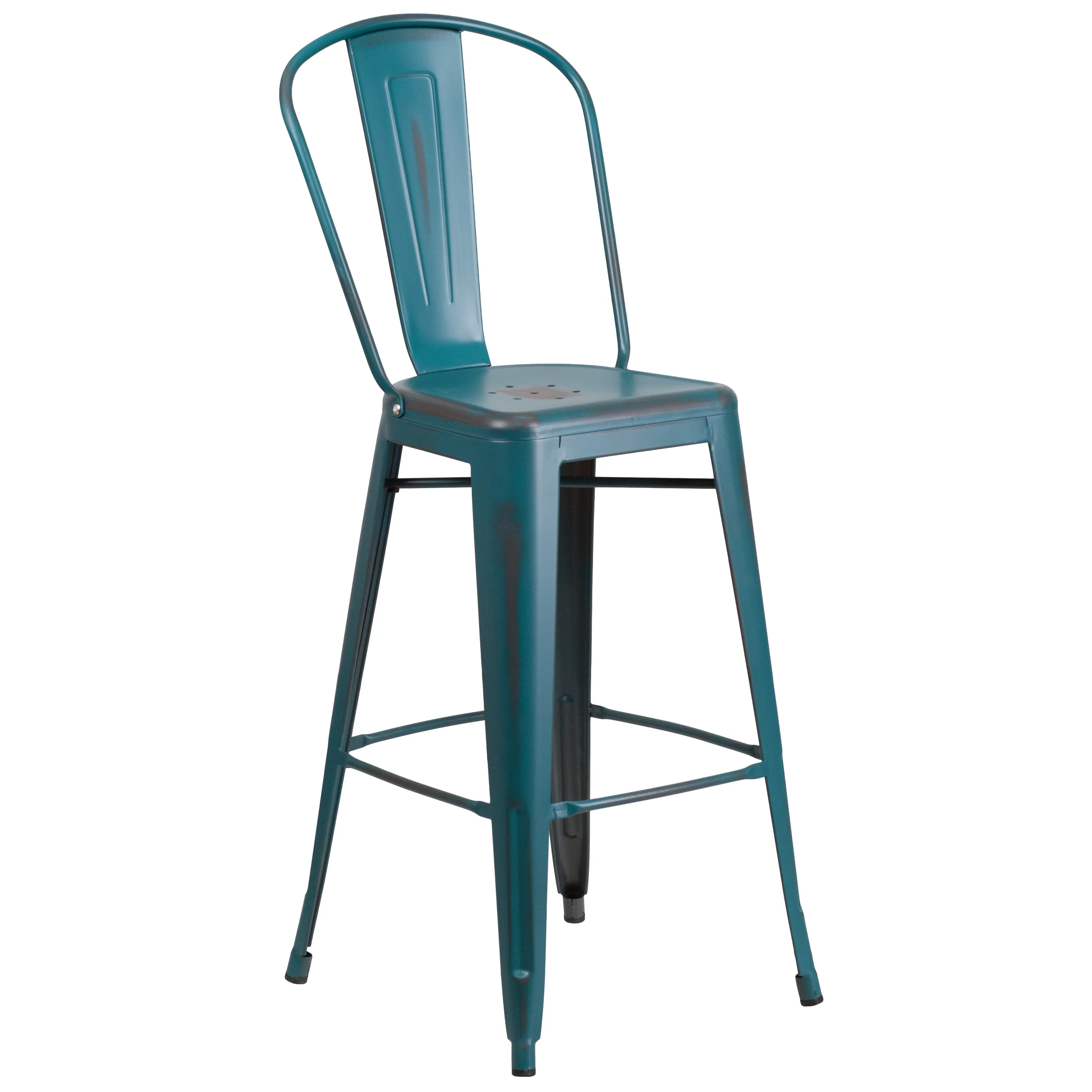 Commercial Grade 30" High Distressed Metal Indoor-Outdoor Barstool with Back