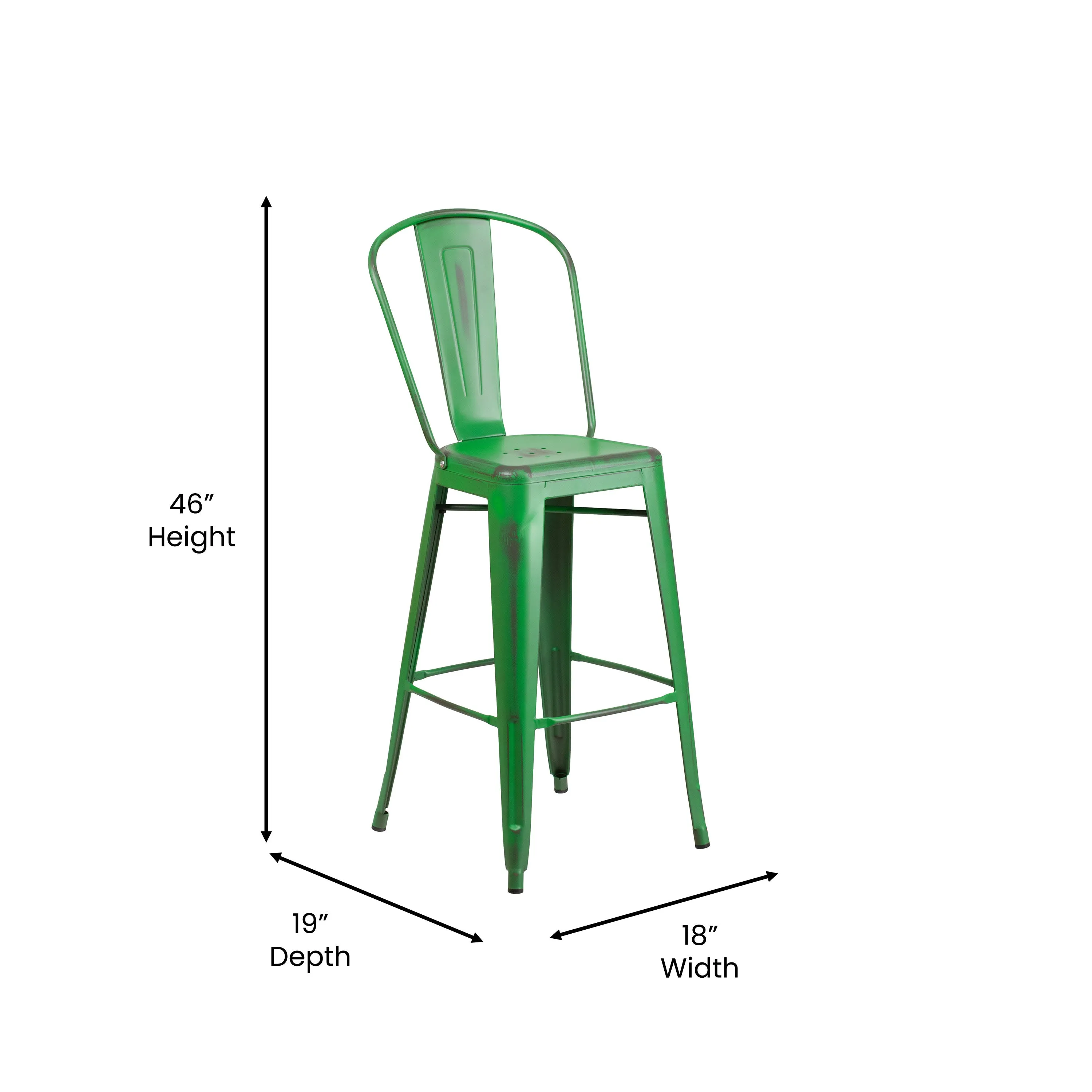 Commercial Grade 30" High Distressed Metal Indoor-Outdoor Barstool with Back