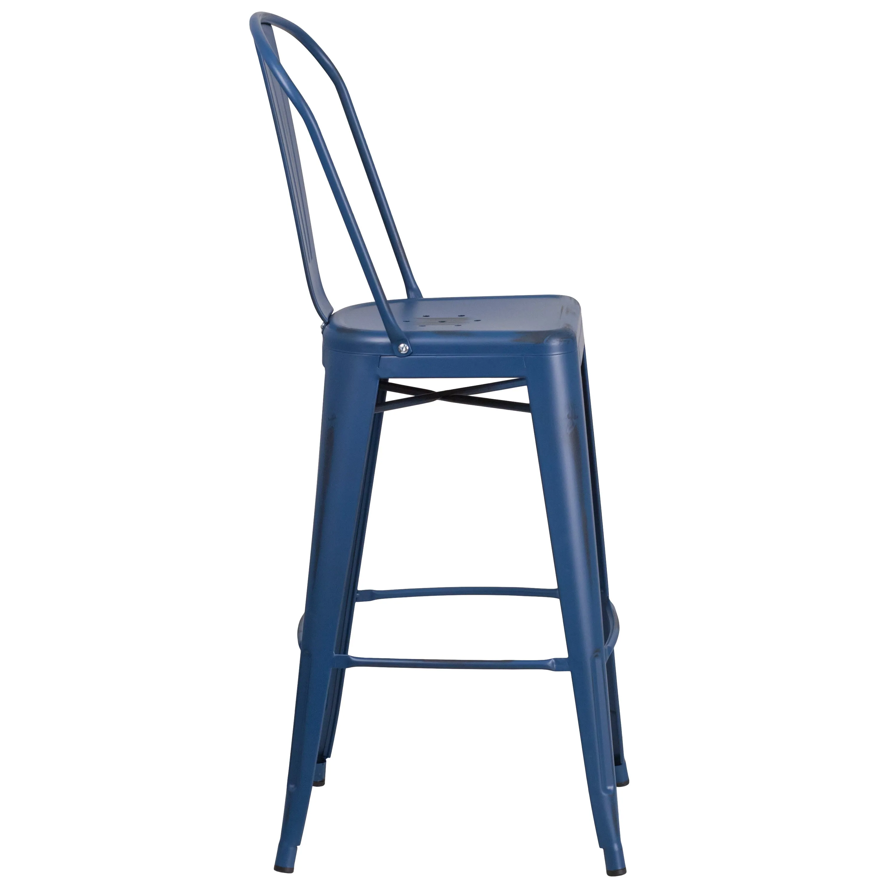 Commercial Grade 30" High Distressed Metal Indoor-Outdoor Barstool with Back