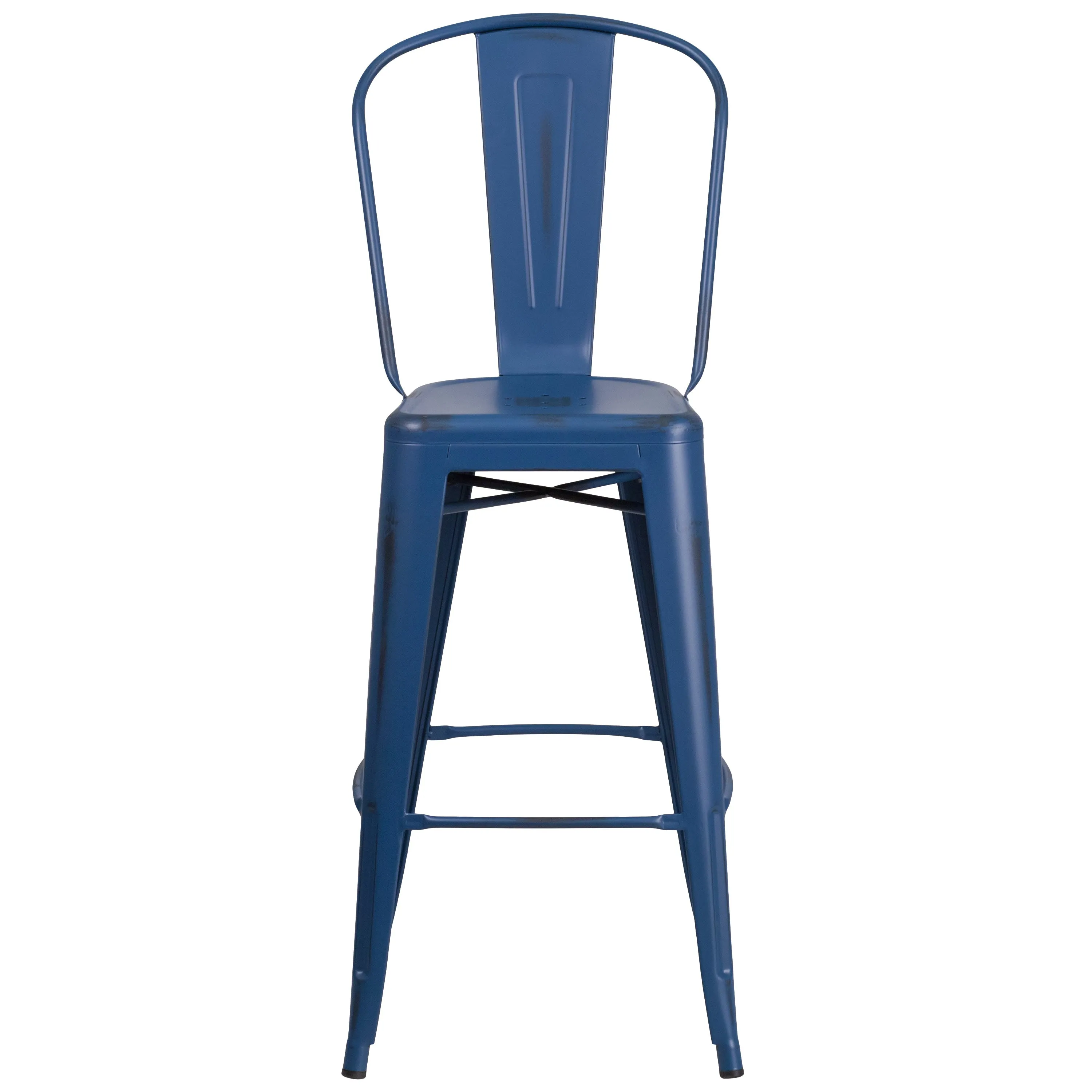 Commercial Grade 30" High Distressed Metal Indoor-Outdoor Barstool with Back