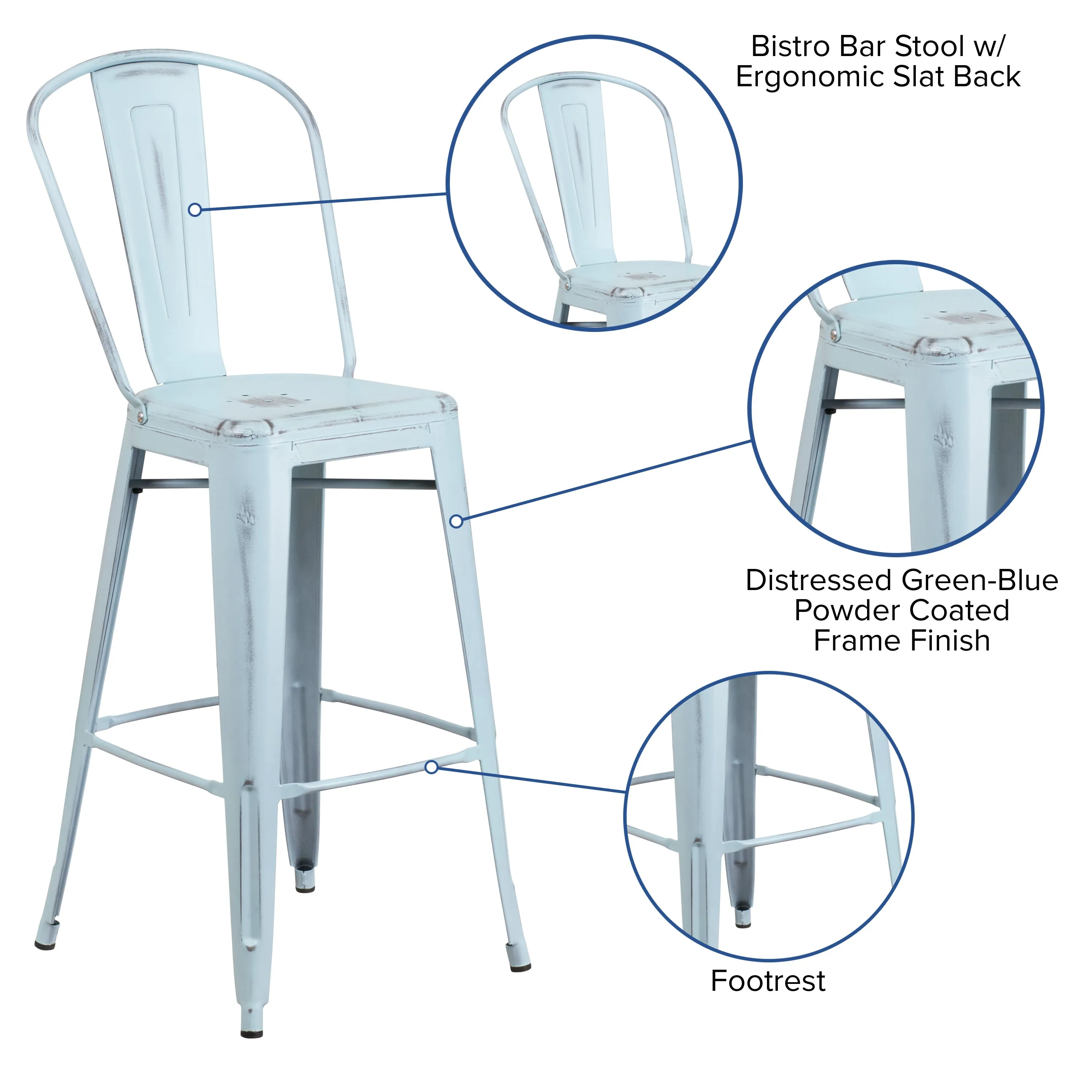 Commercial Grade 30" High Distressed Metal Indoor-Outdoor Barstool with Back
