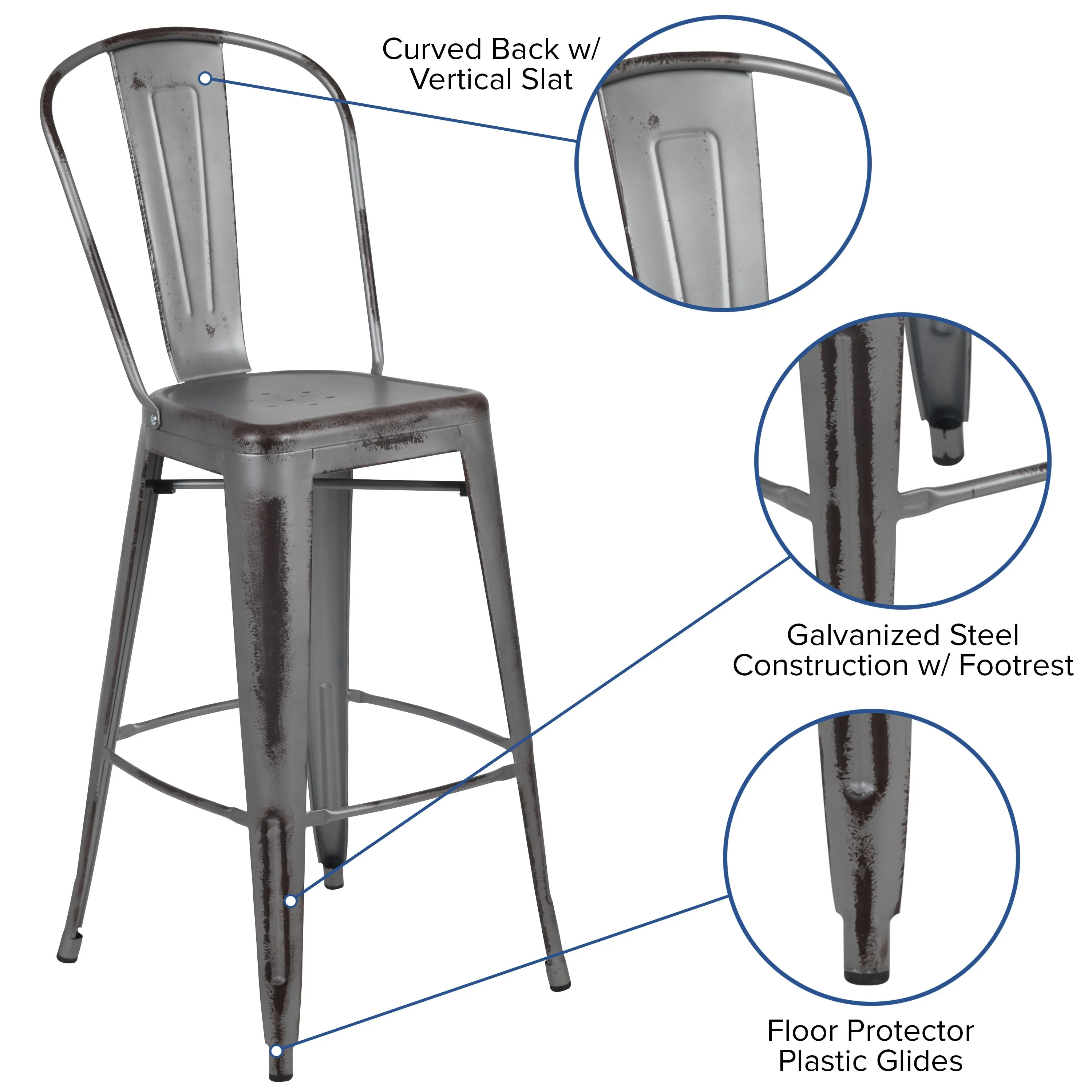 Commercial Grade 30" High Distressed Metal Indoor-Outdoor Barstool with Back