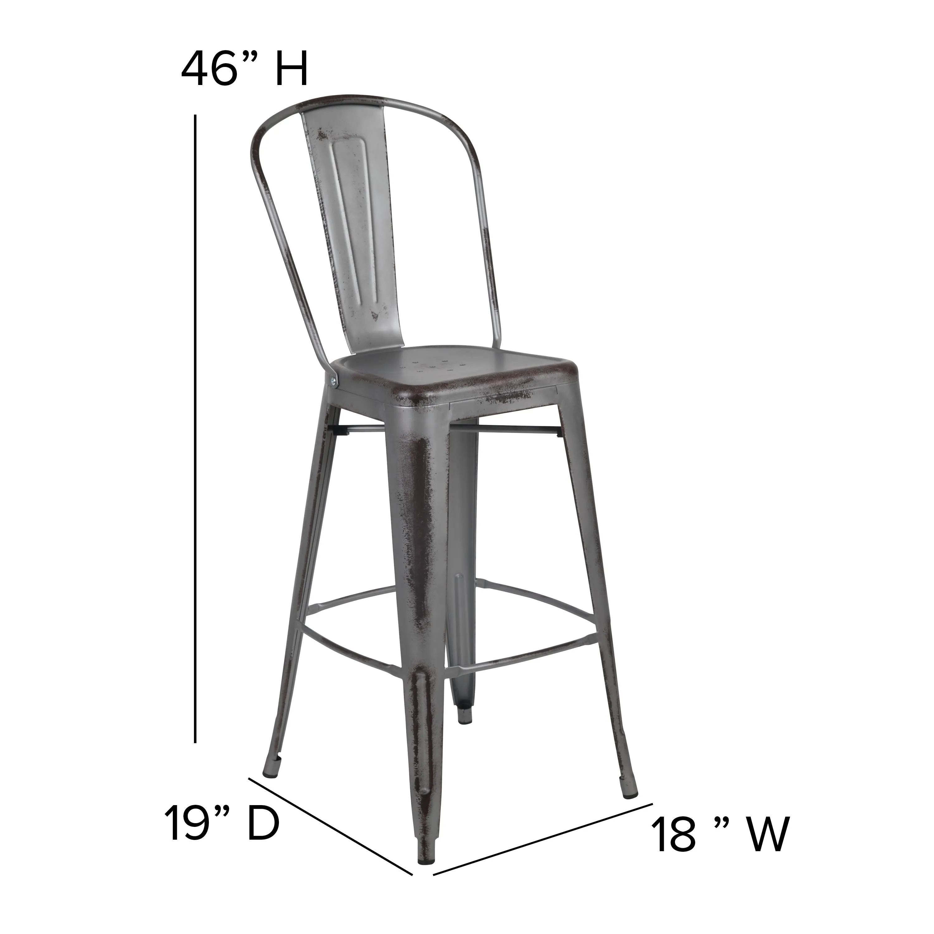 Commercial Grade 30" High Distressed Metal Indoor-Outdoor Barstool with Back