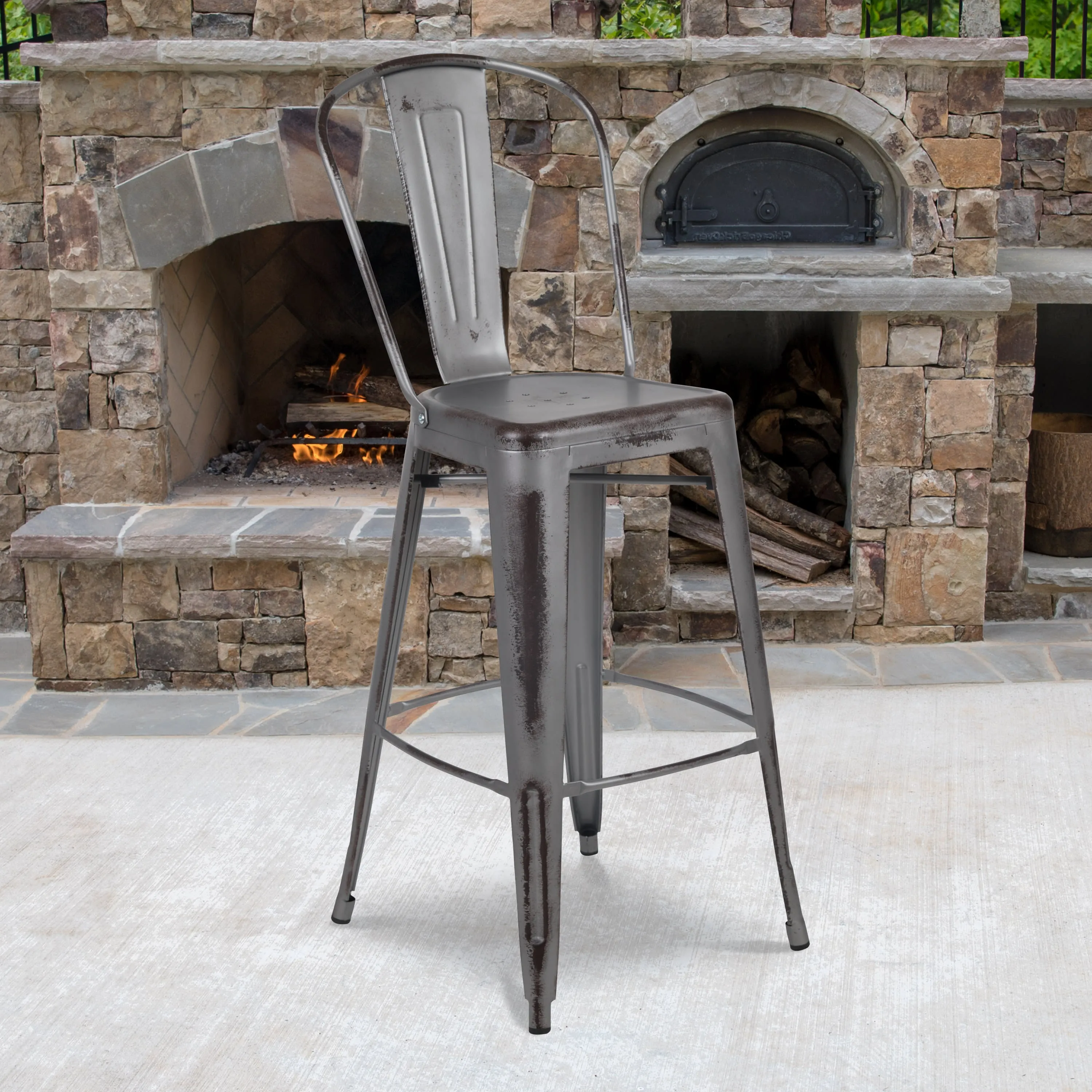 Commercial Grade 30" High Distressed Metal Indoor-Outdoor Barstool with Back