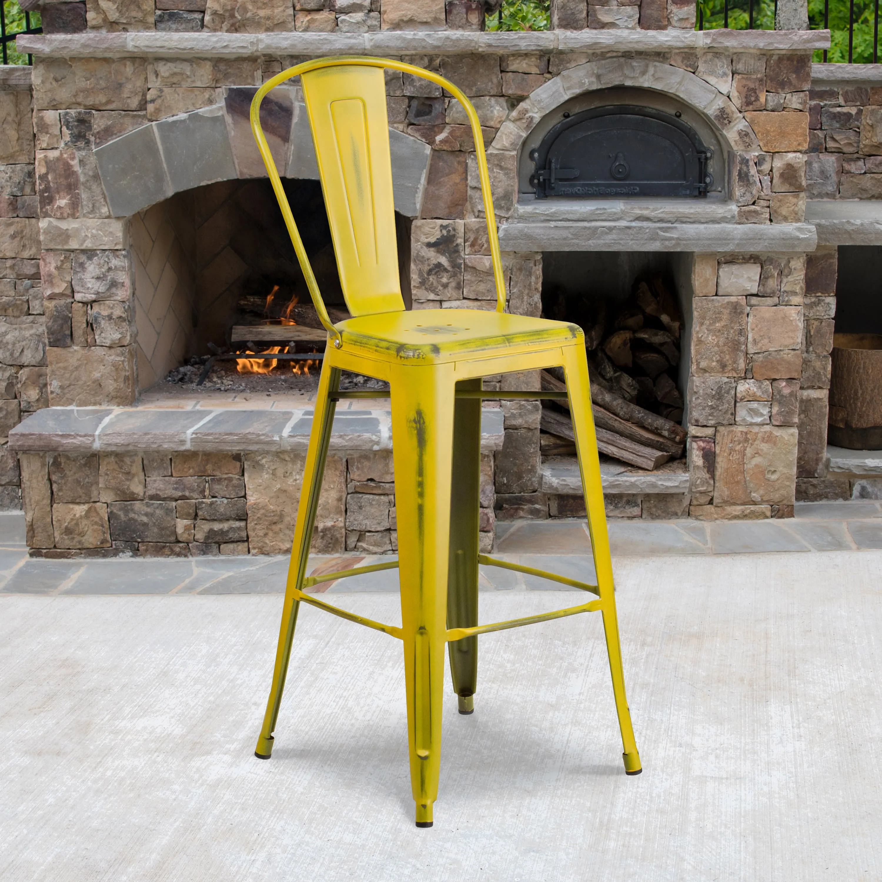 Commercial Grade 30" High Distressed Metal Indoor-Outdoor Barstool with Back