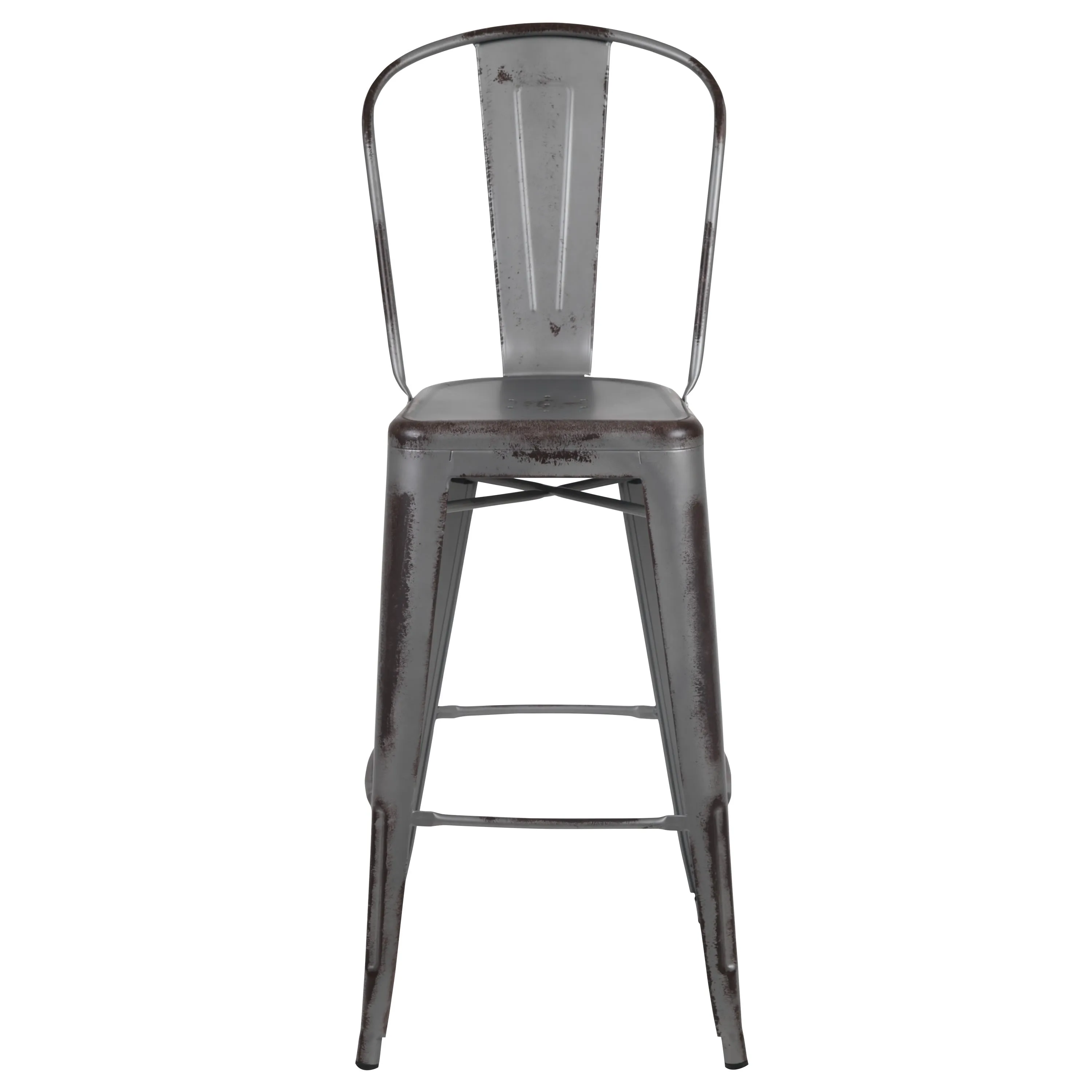 Commercial Grade 30" High Distressed Metal Indoor-Outdoor Barstool with Back