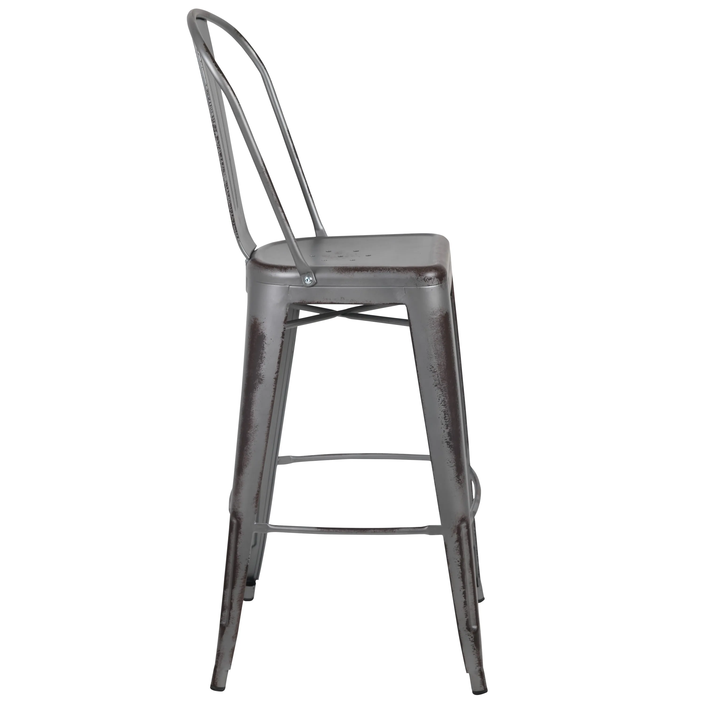 Commercial Grade 30" High Distressed Metal Indoor-Outdoor Barstool with Back