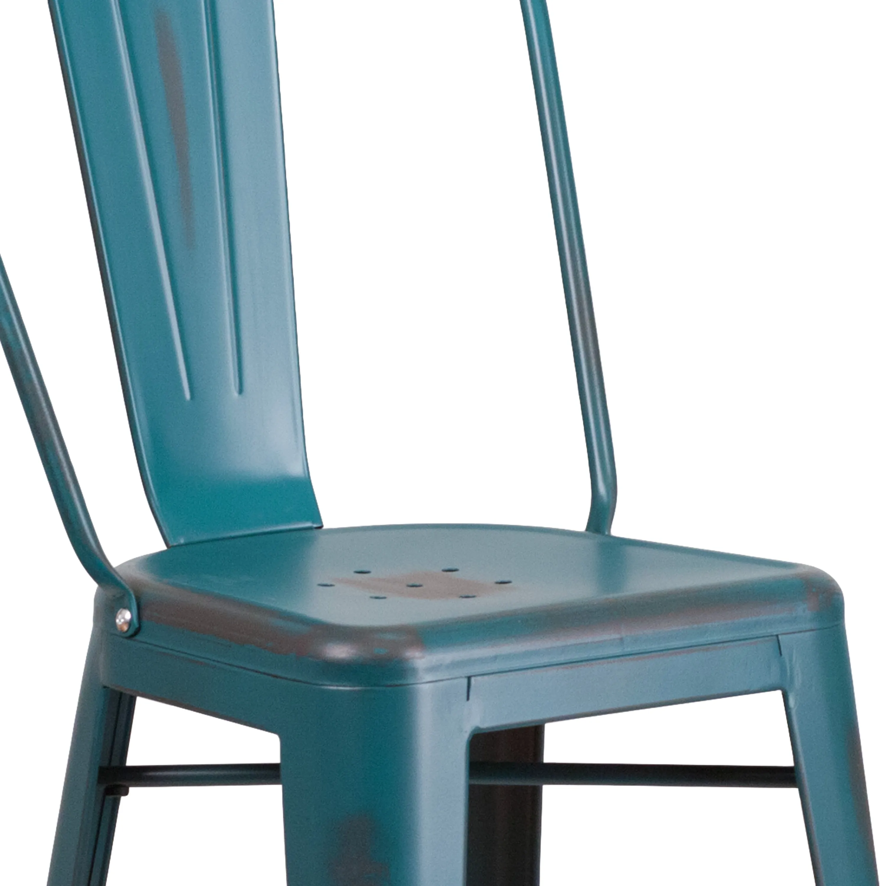 Commercial Grade 30" High Distressed Metal Indoor-Outdoor Barstool with Back