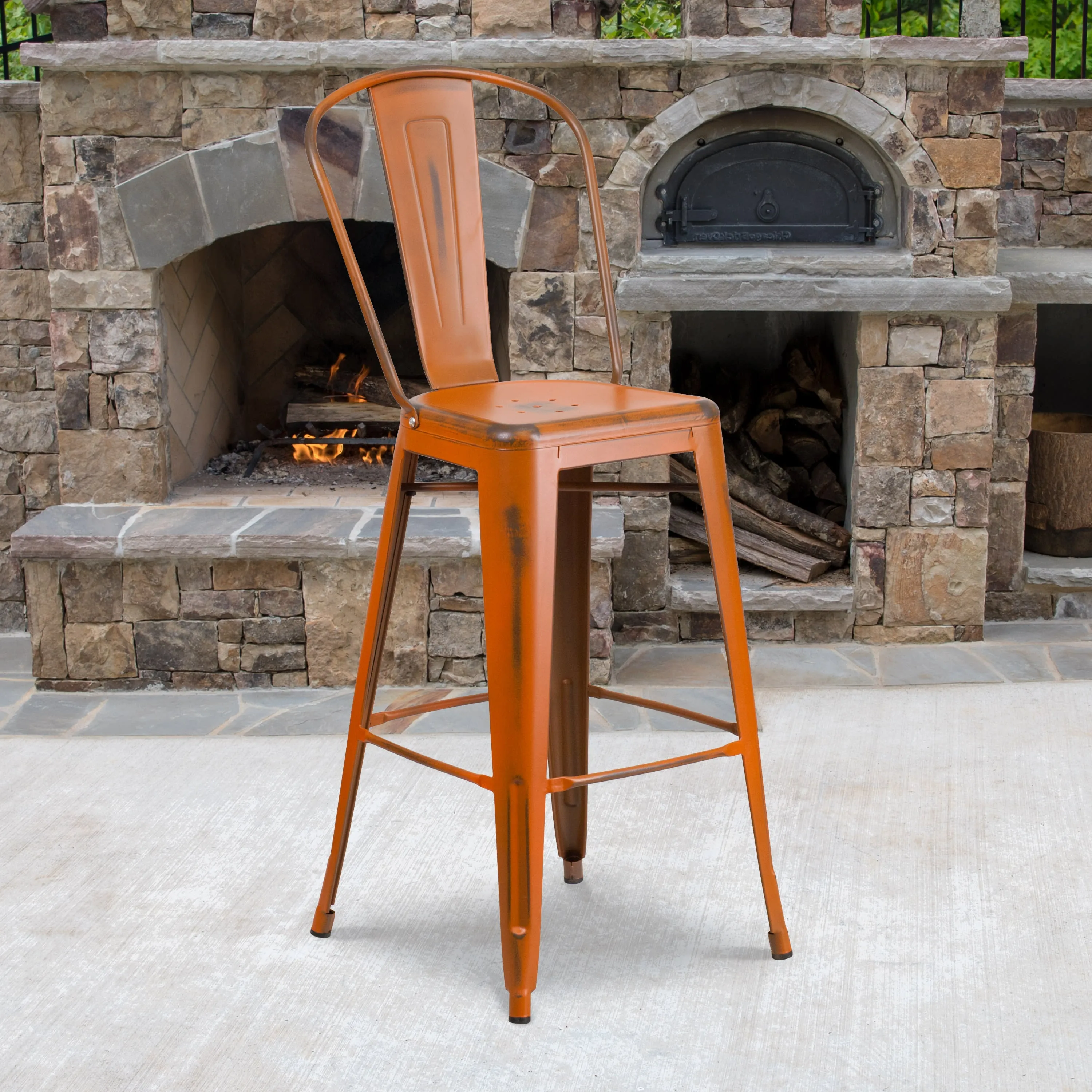 Commercial Grade 30" High Distressed Metal Indoor-Outdoor Barstool with Back