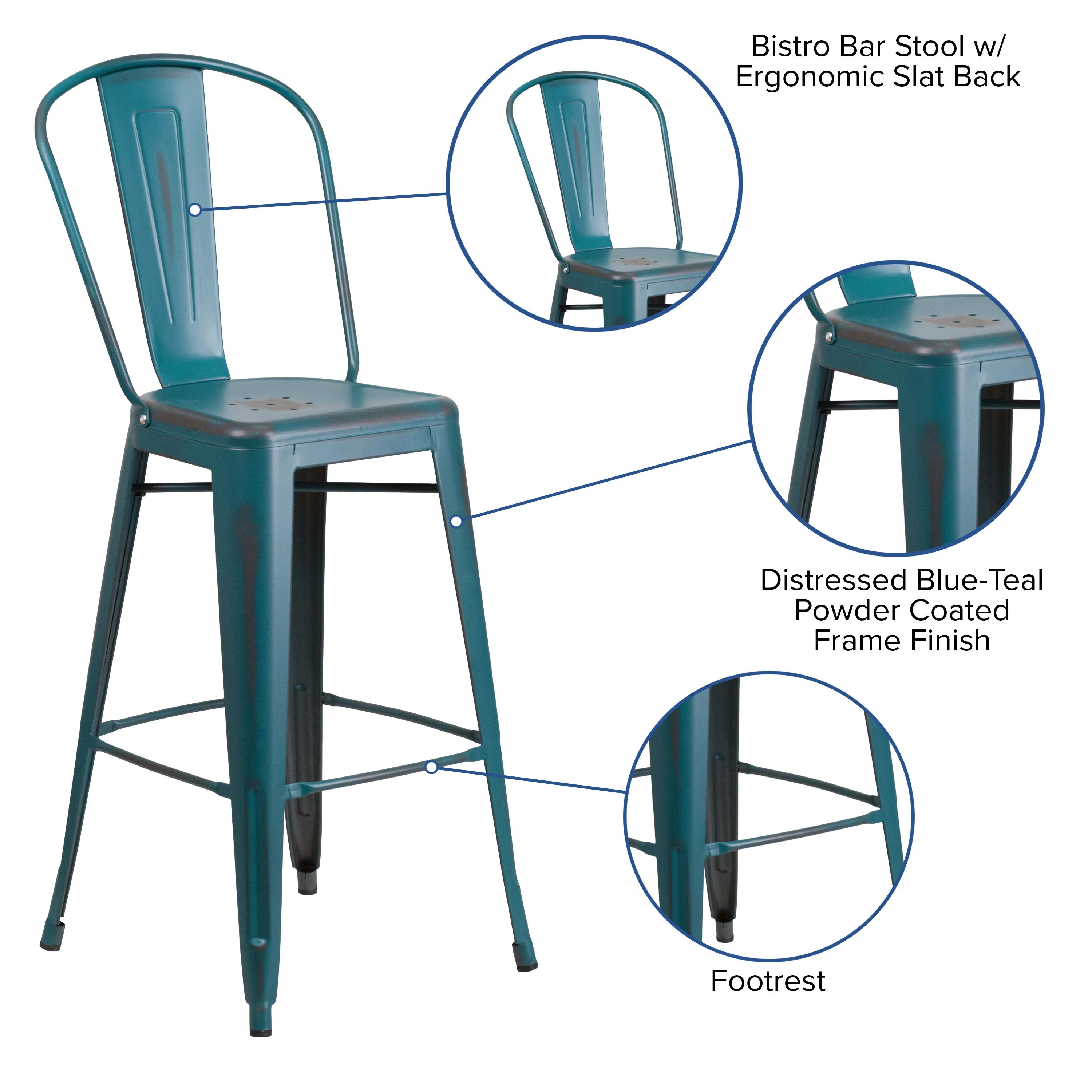 Commercial Grade 30" High Distressed Metal Indoor-Outdoor Barstool with Back