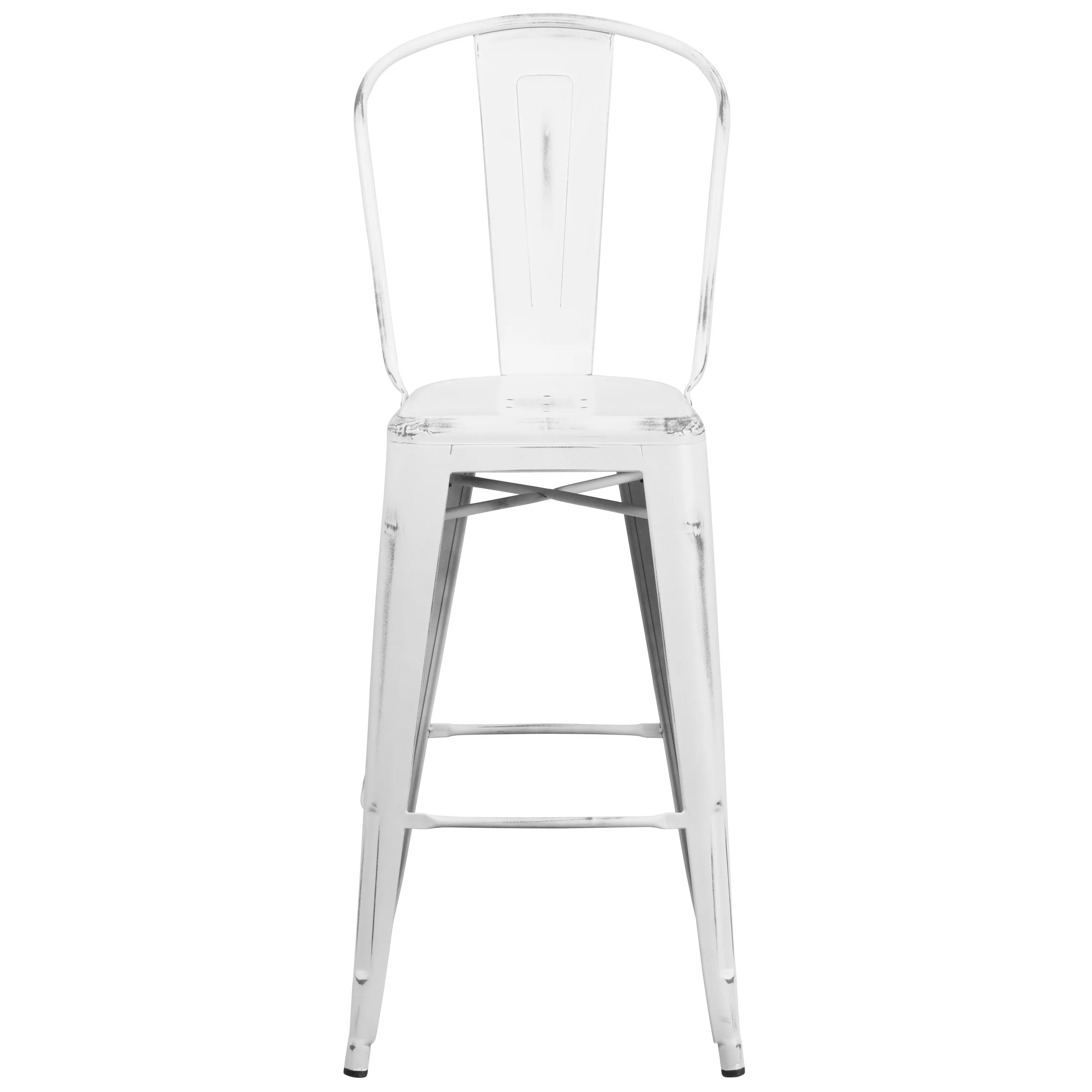Commercial Grade 30" High Distressed Metal Indoor-Outdoor Barstool with Back
