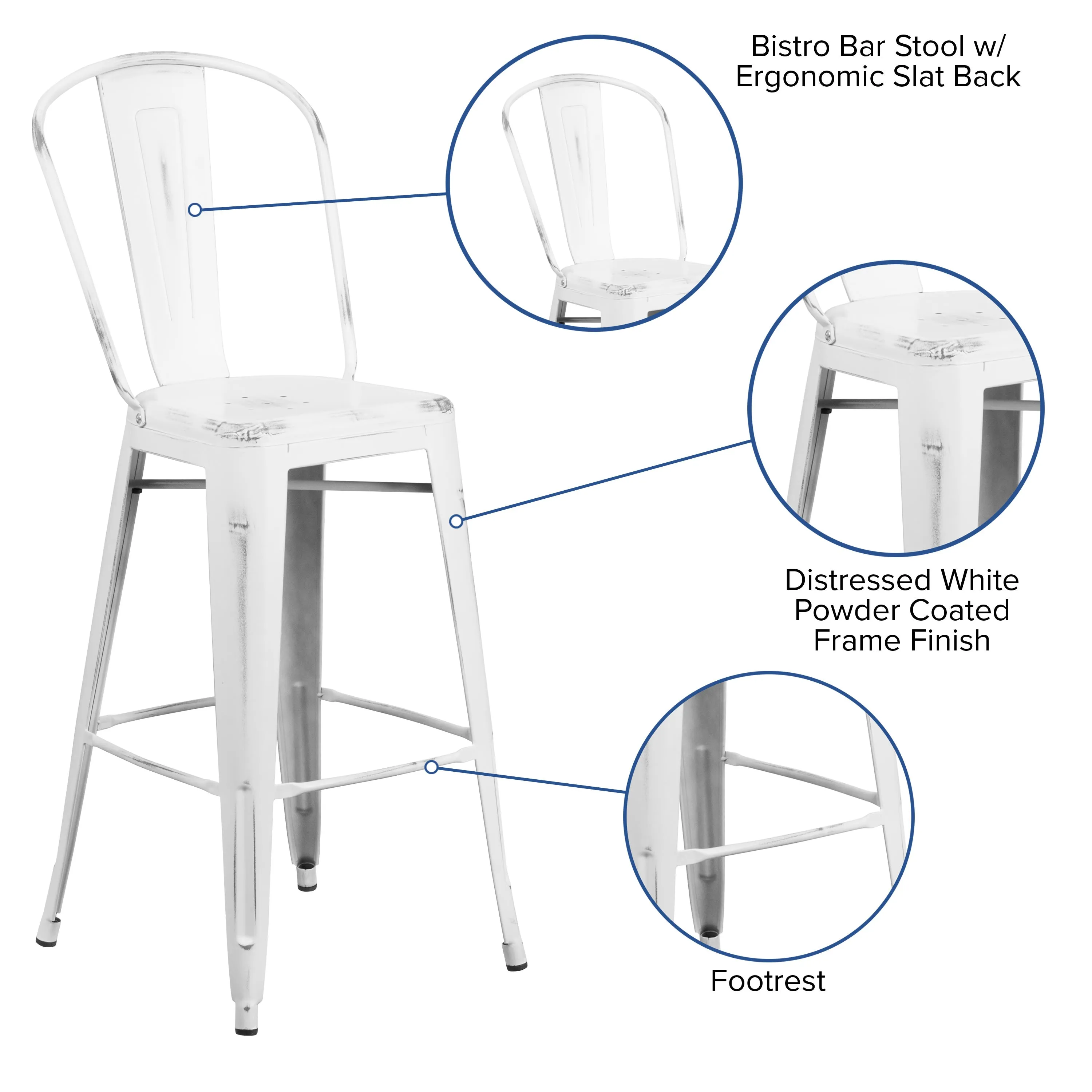 Commercial Grade 30" High Distressed Metal Indoor-Outdoor Barstool with Back