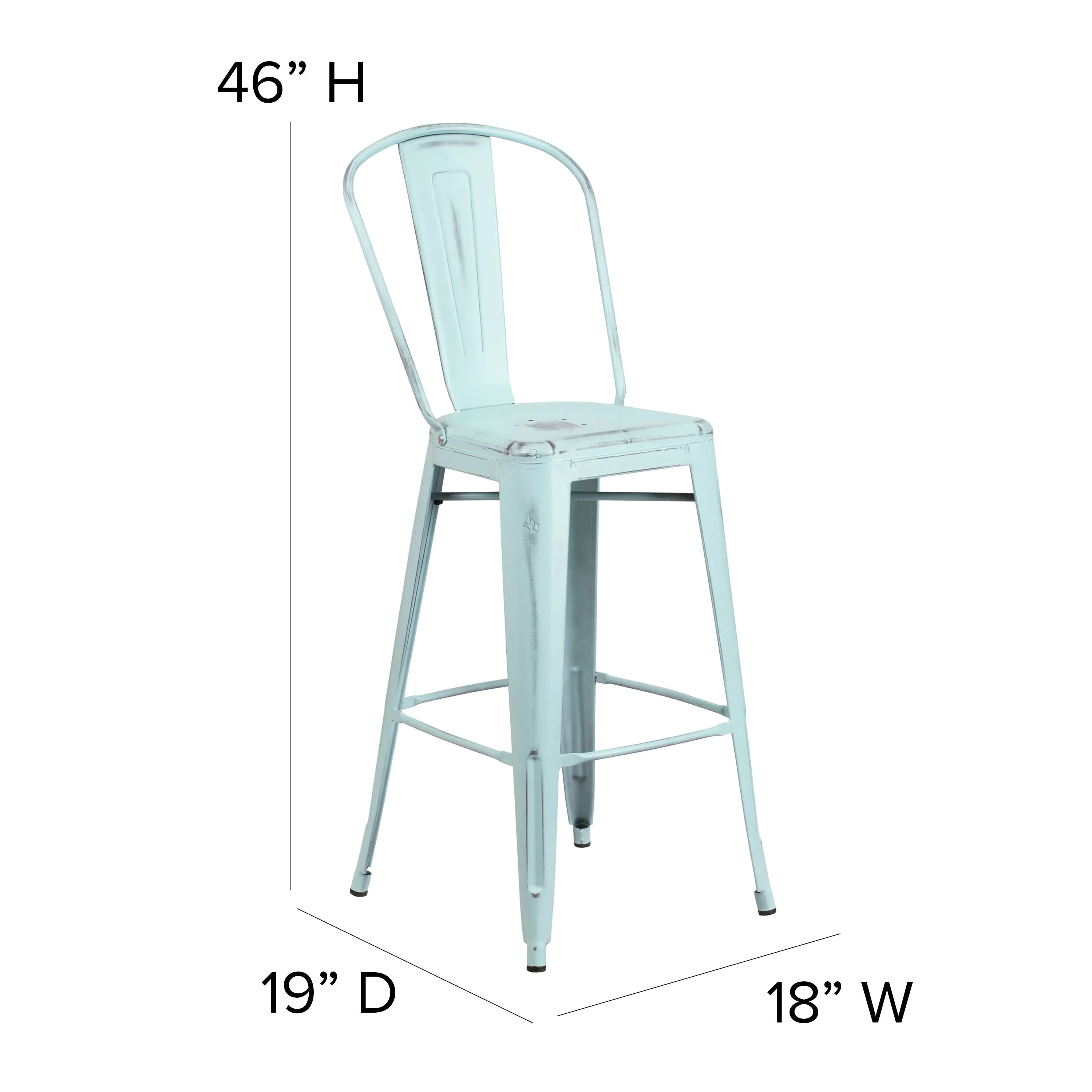 Commercial Grade 30" High Distressed Metal Indoor-Outdoor Barstool with Back