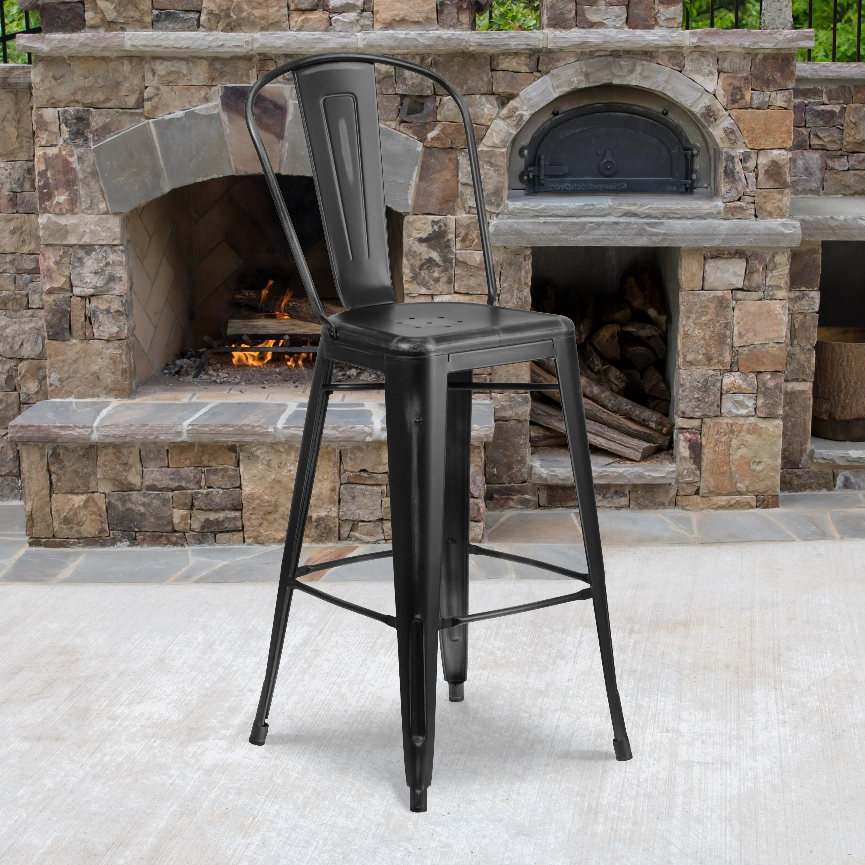 Commercial Grade 30" High Distressed Metal Indoor-Outdoor Barstool with Back