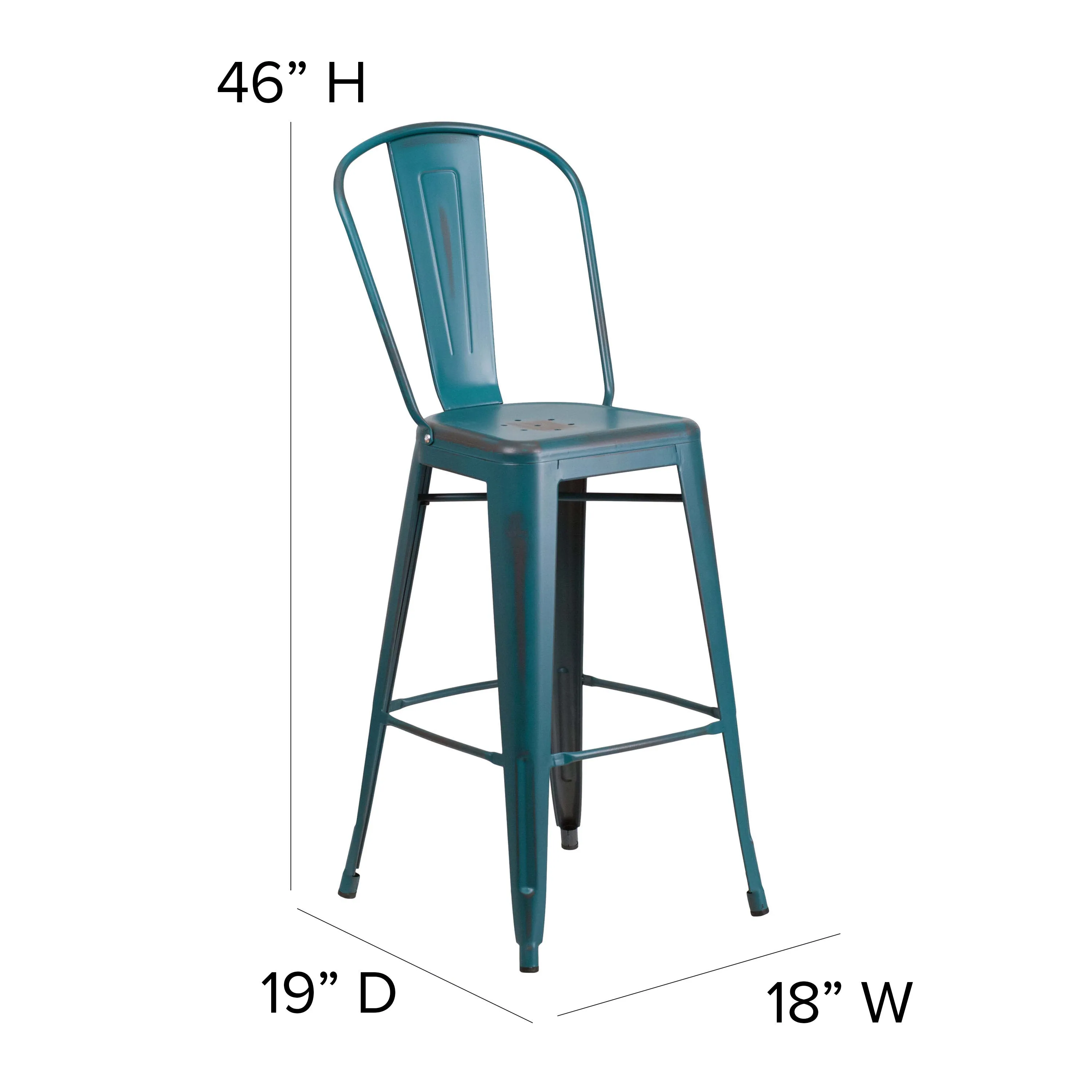 Commercial Grade 30" High Distressed Metal Indoor-Outdoor Barstool with Back