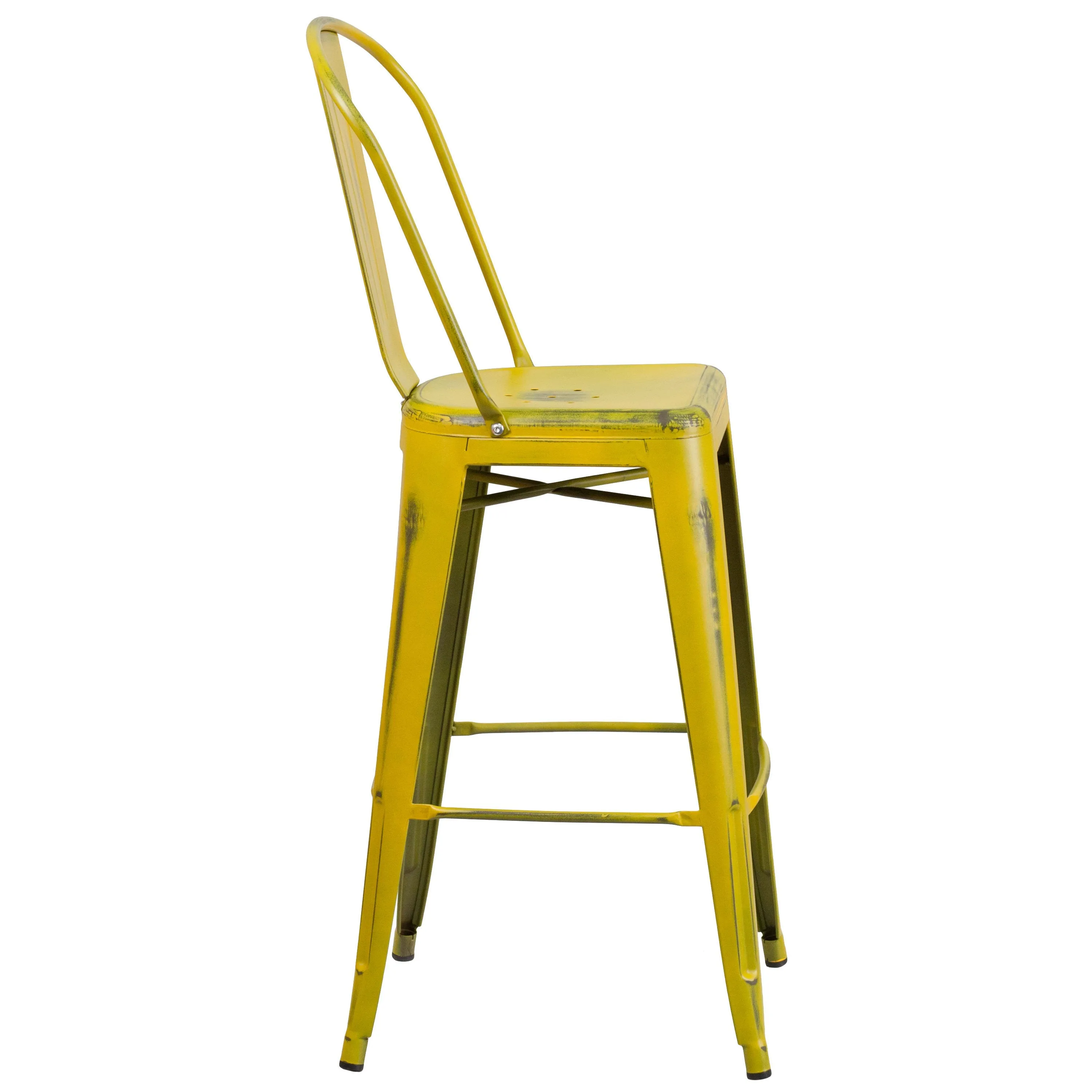 Commercial Grade 30" High Distressed Metal Indoor-Outdoor Barstool with Back