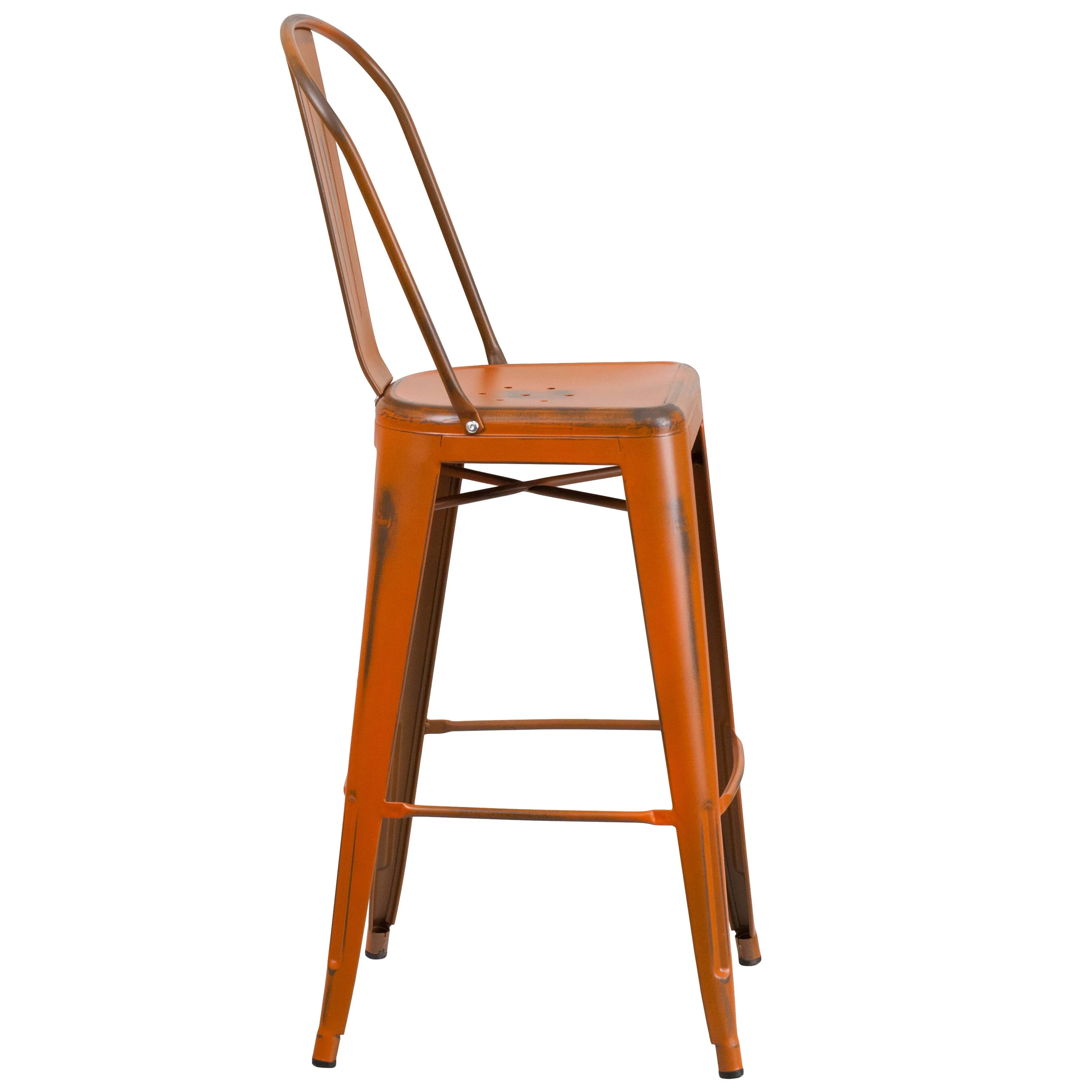 Commercial Grade 30" High Distressed Metal Indoor-Outdoor Barstool with Back