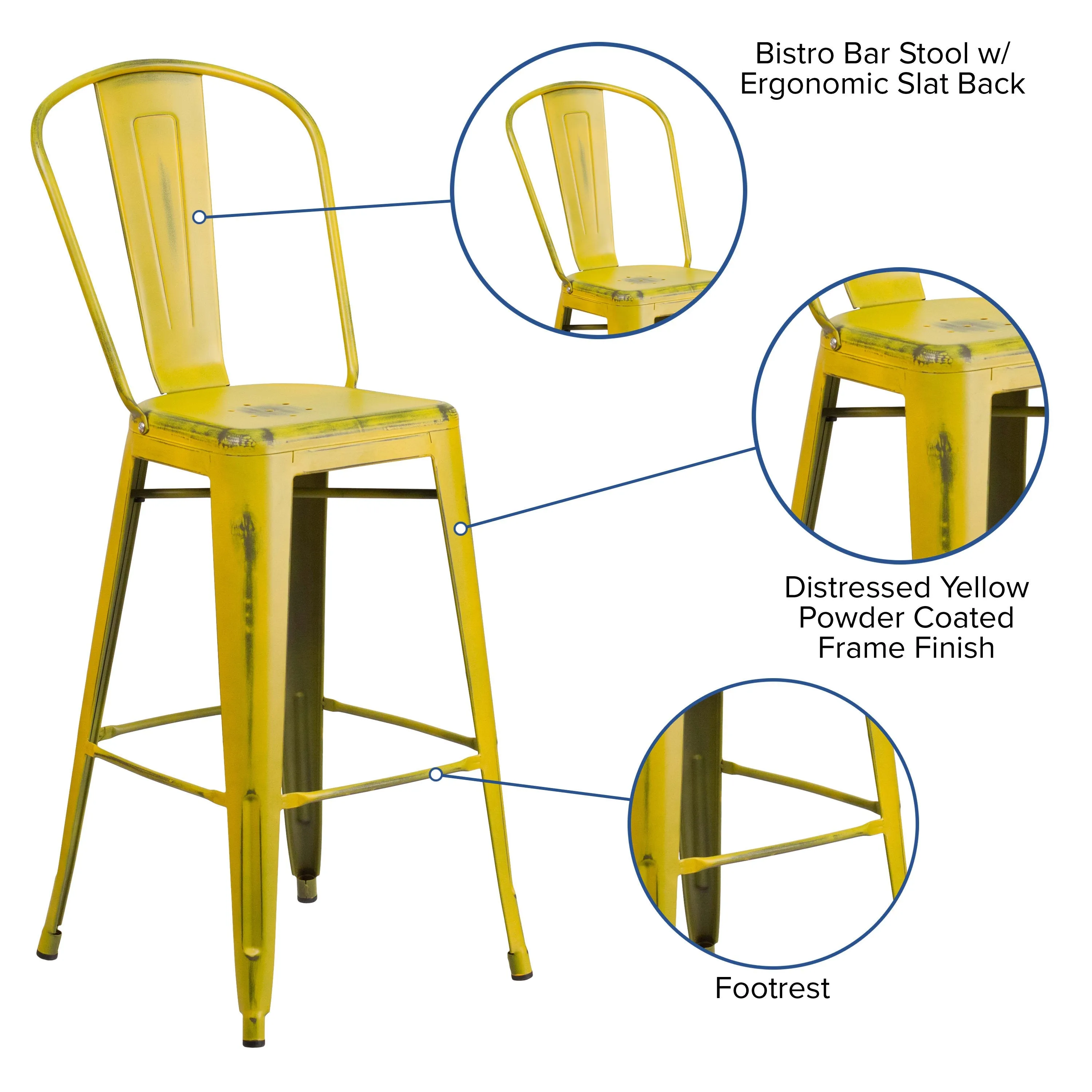 Commercial Grade 30" High Distressed Metal Indoor-Outdoor Barstool with Back