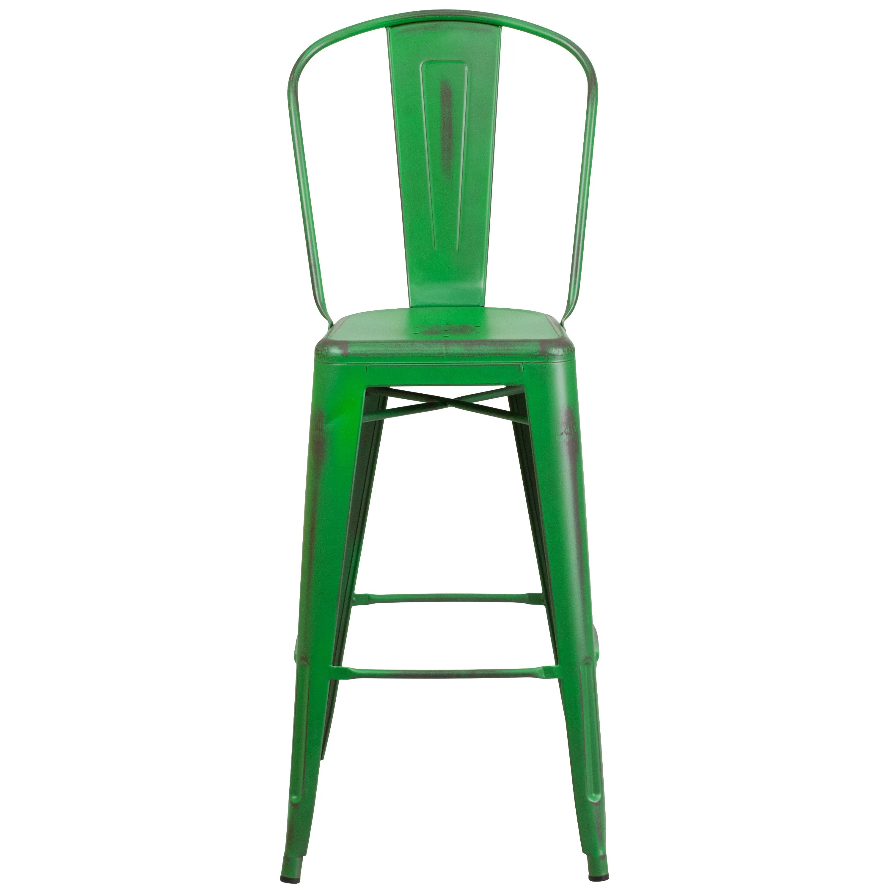 Commercial Grade 30" High Distressed Metal Indoor-Outdoor Barstool with Back