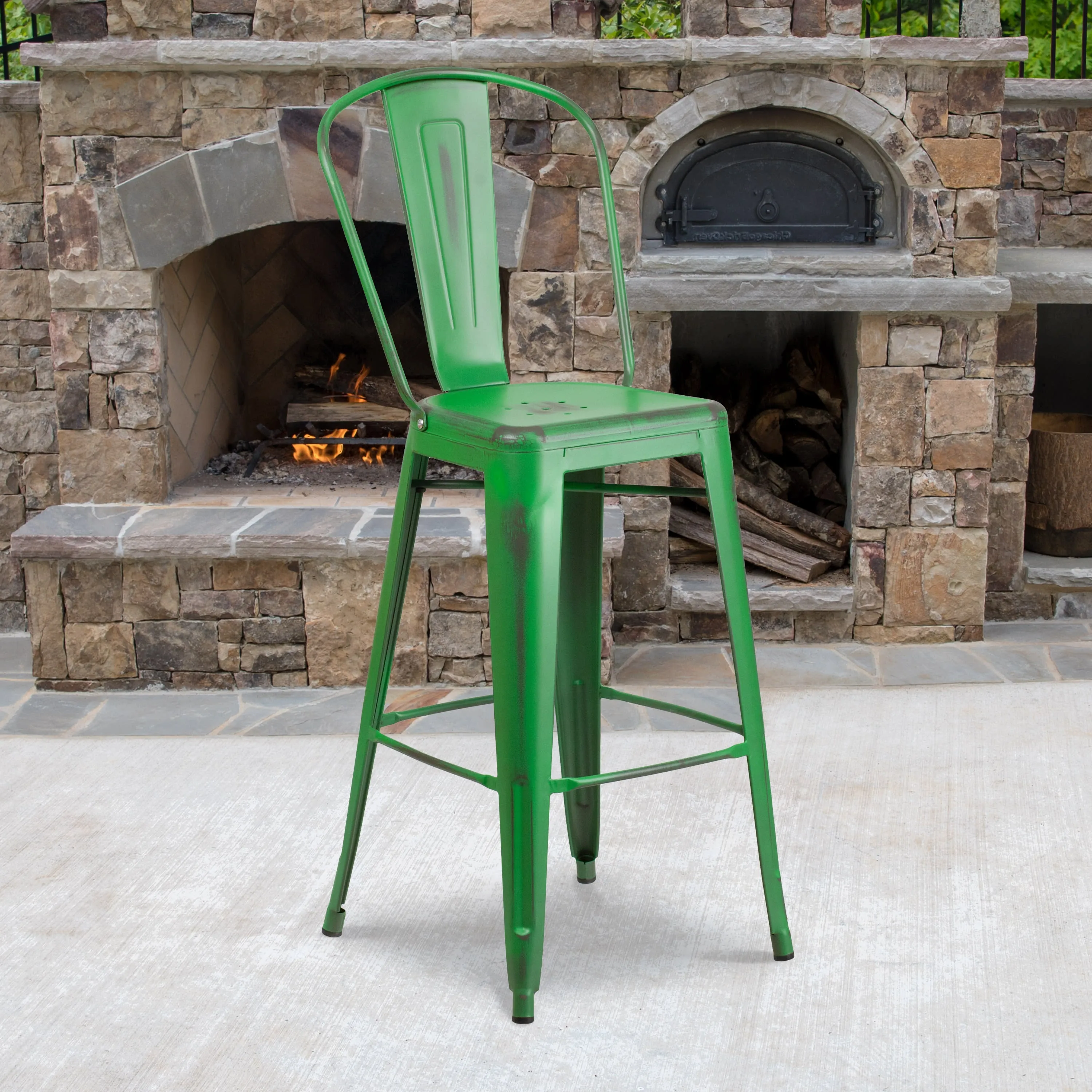 Commercial Grade 30" High Distressed Metal Indoor-Outdoor Barstool with Back