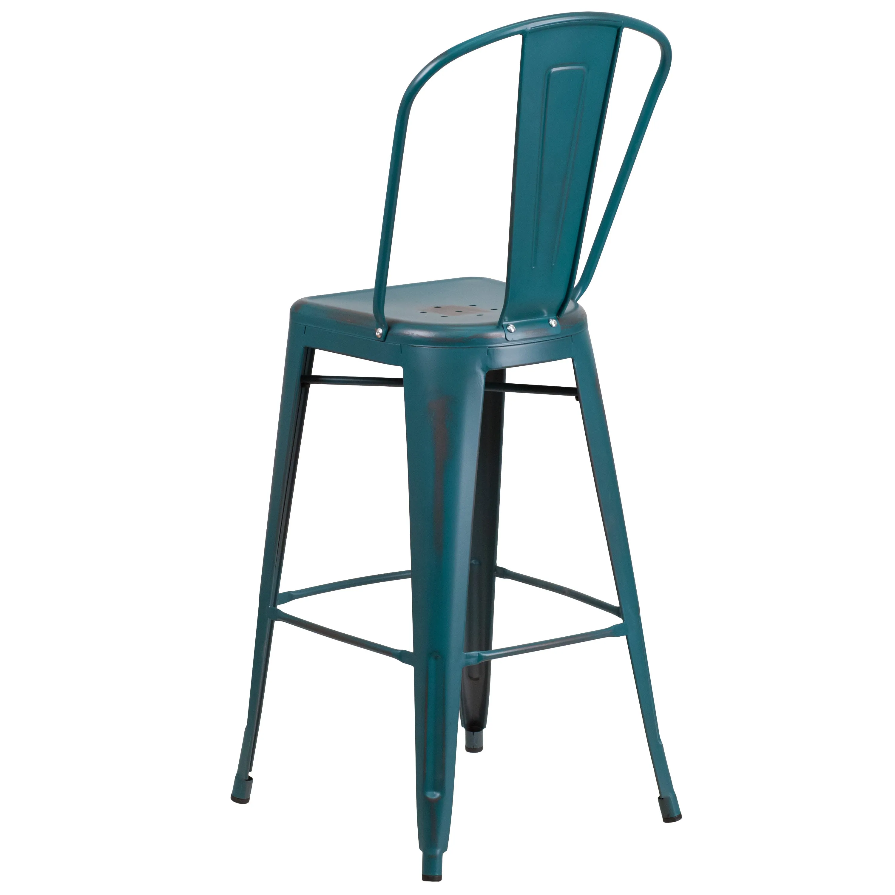 Commercial Grade 30" High Distressed Metal Indoor-Outdoor Barstool with Back