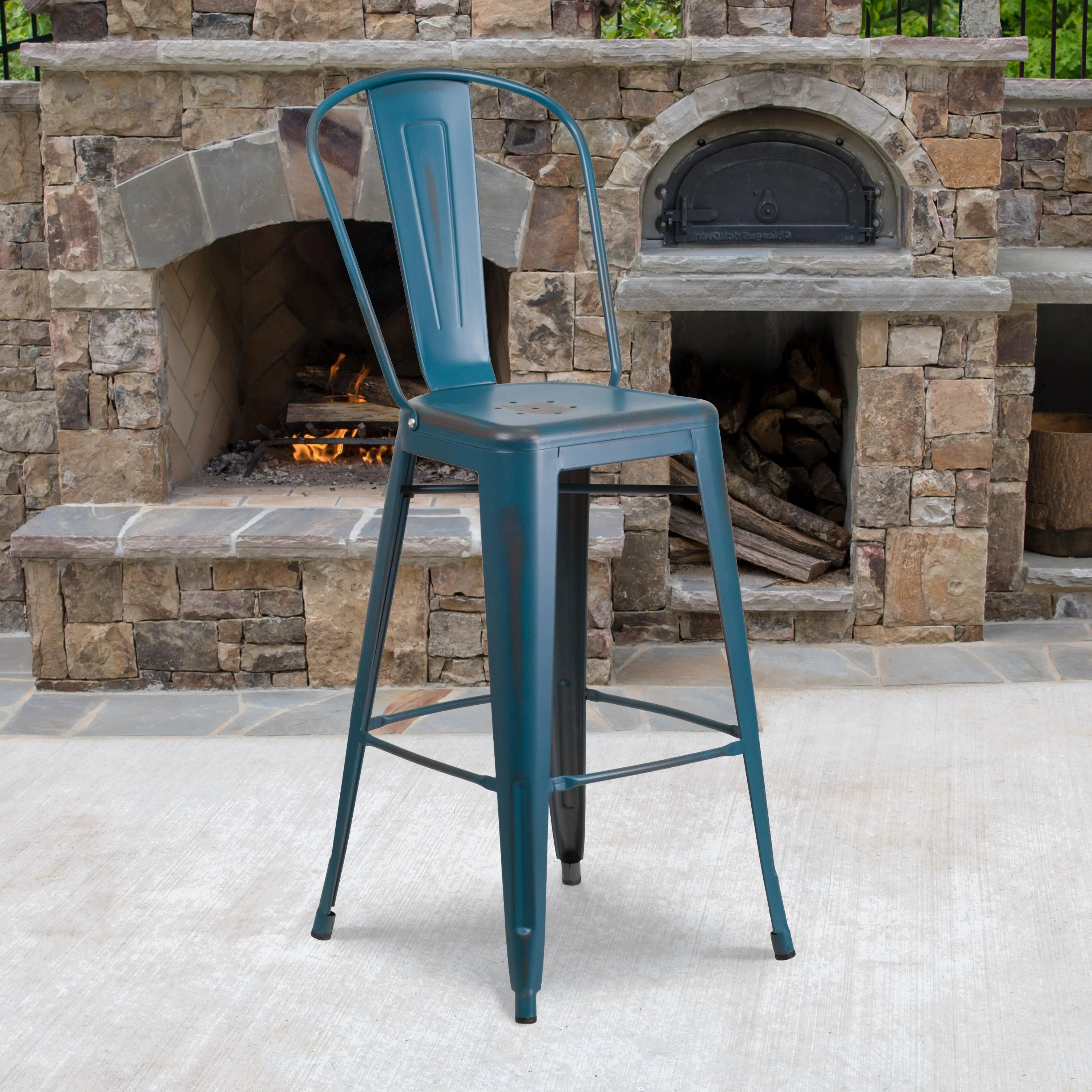 Commercial Grade 30" High Distressed Metal Indoor-Outdoor Barstool with Back