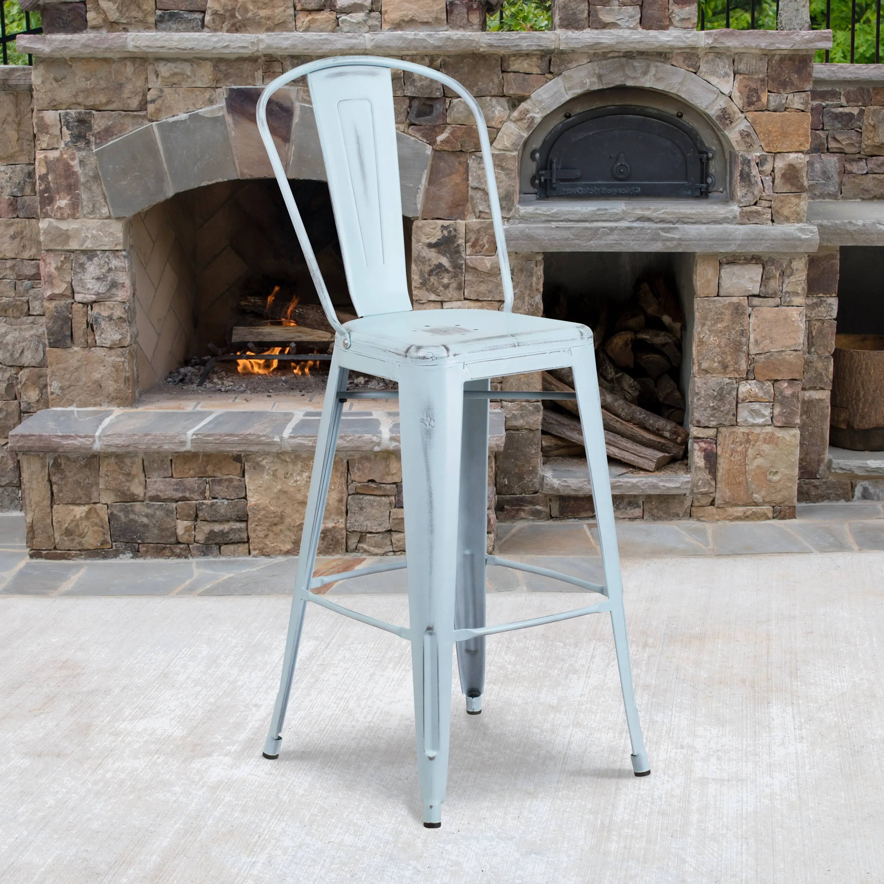 Commercial Grade 30" High Distressed Metal Indoor-Outdoor Barstool with Back