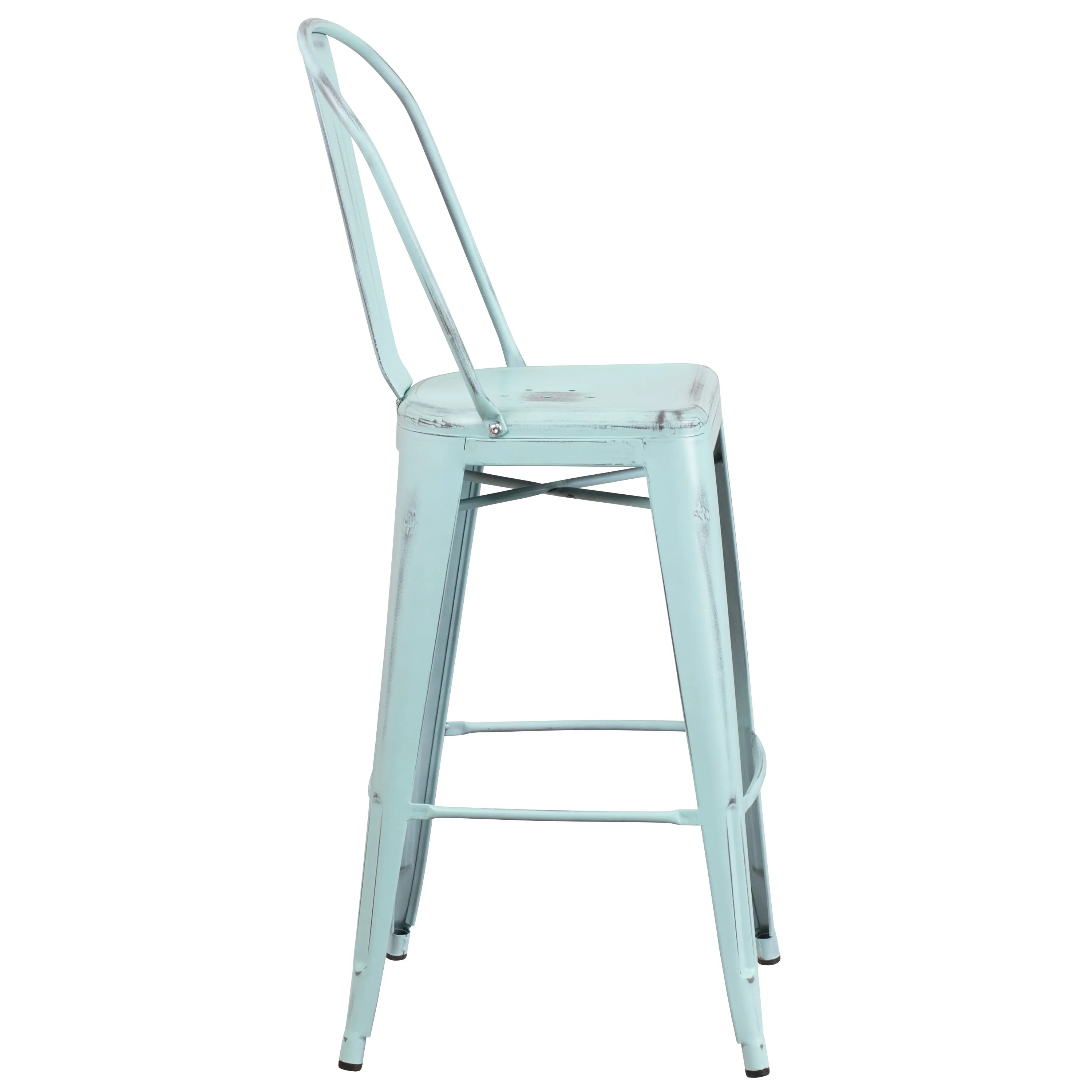 Commercial Grade 30" High Distressed Metal Indoor-Outdoor Barstool with Back
