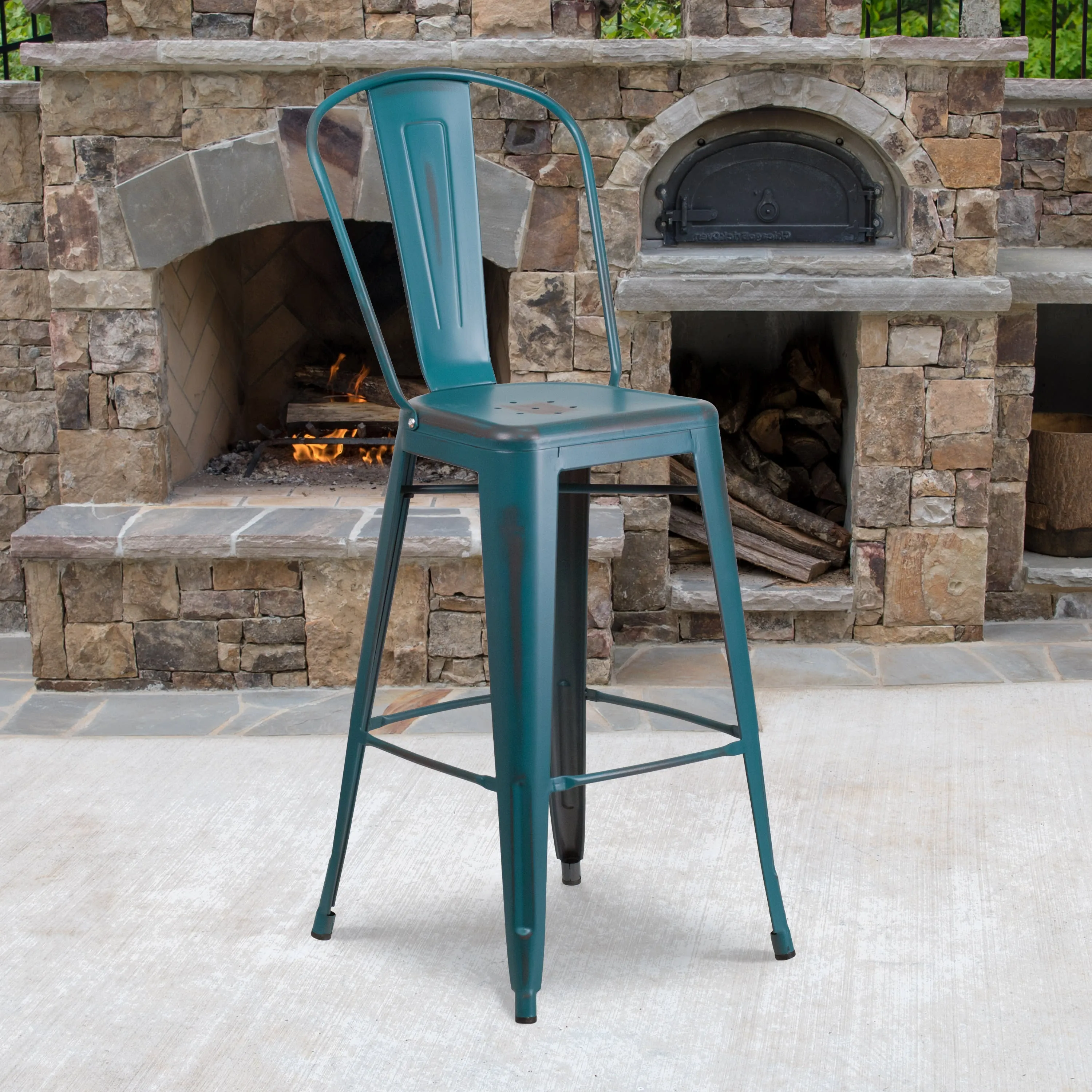 Commercial Grade 30" High Distressed Metal Indoor-Outdoor Barstool with Back