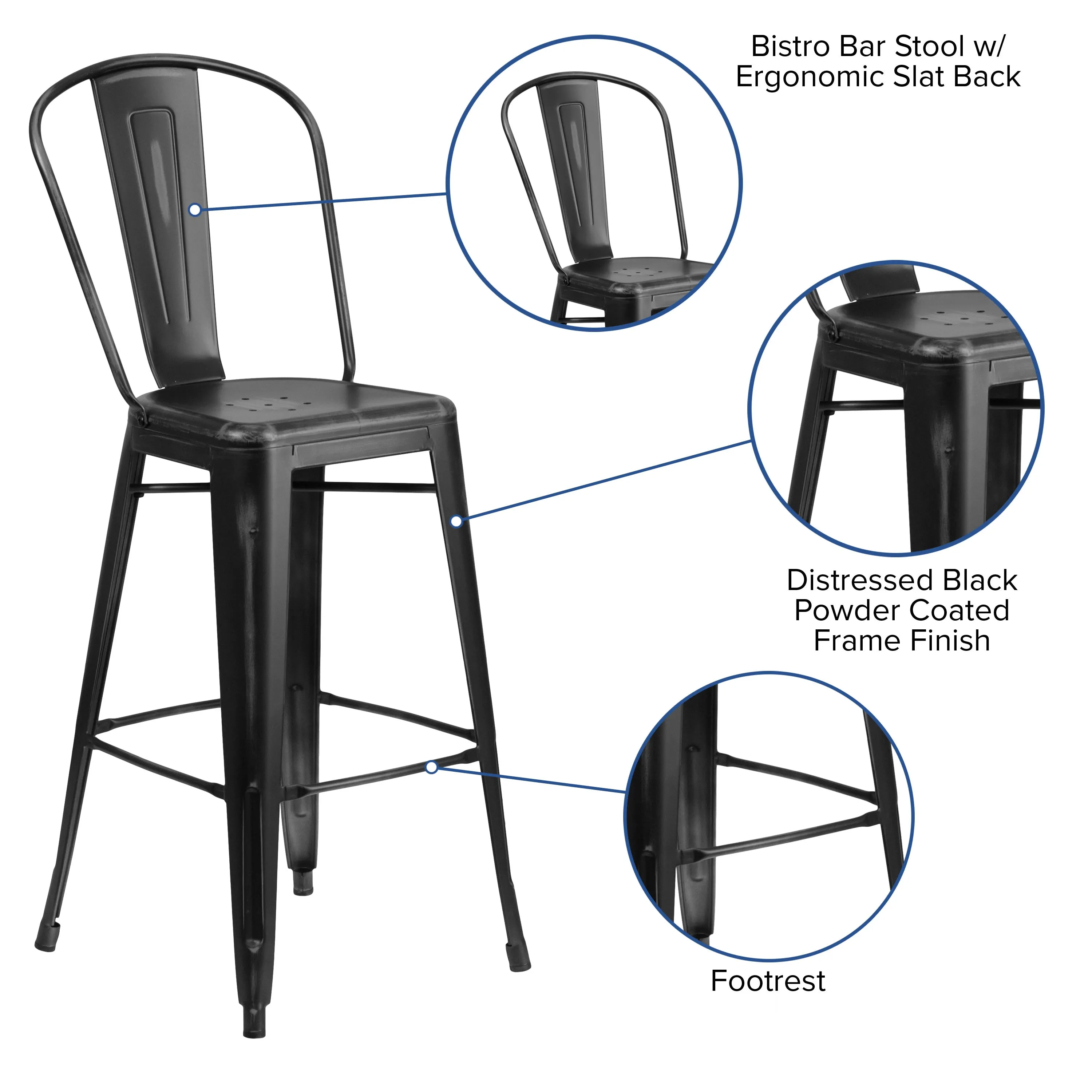 Commercial Grade 30" High Distressed Metal Indoor-Outdoor Barstool with Back