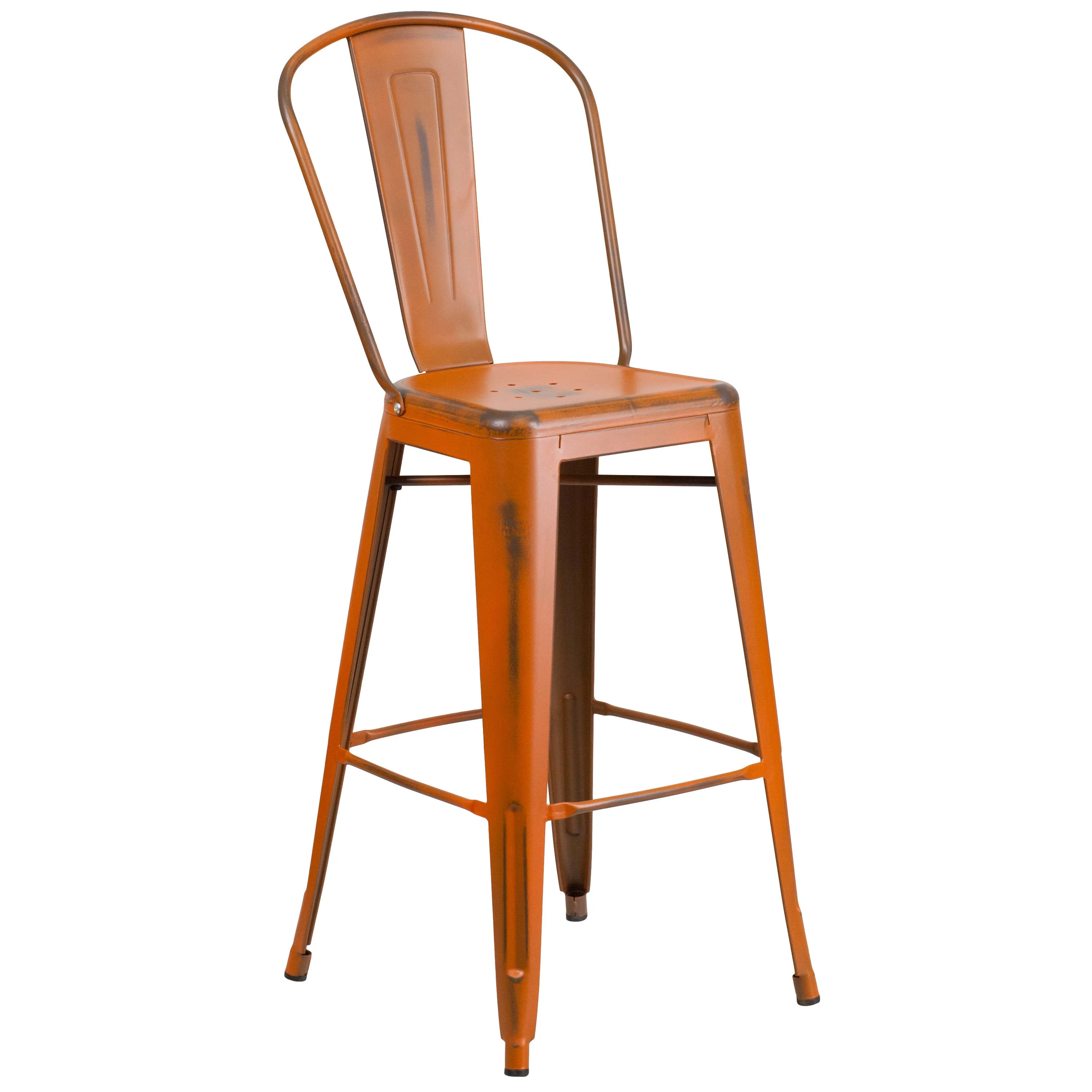 Commercial Grade 30" High Distressed Metal Indoor-Outdoor Barstool with Back