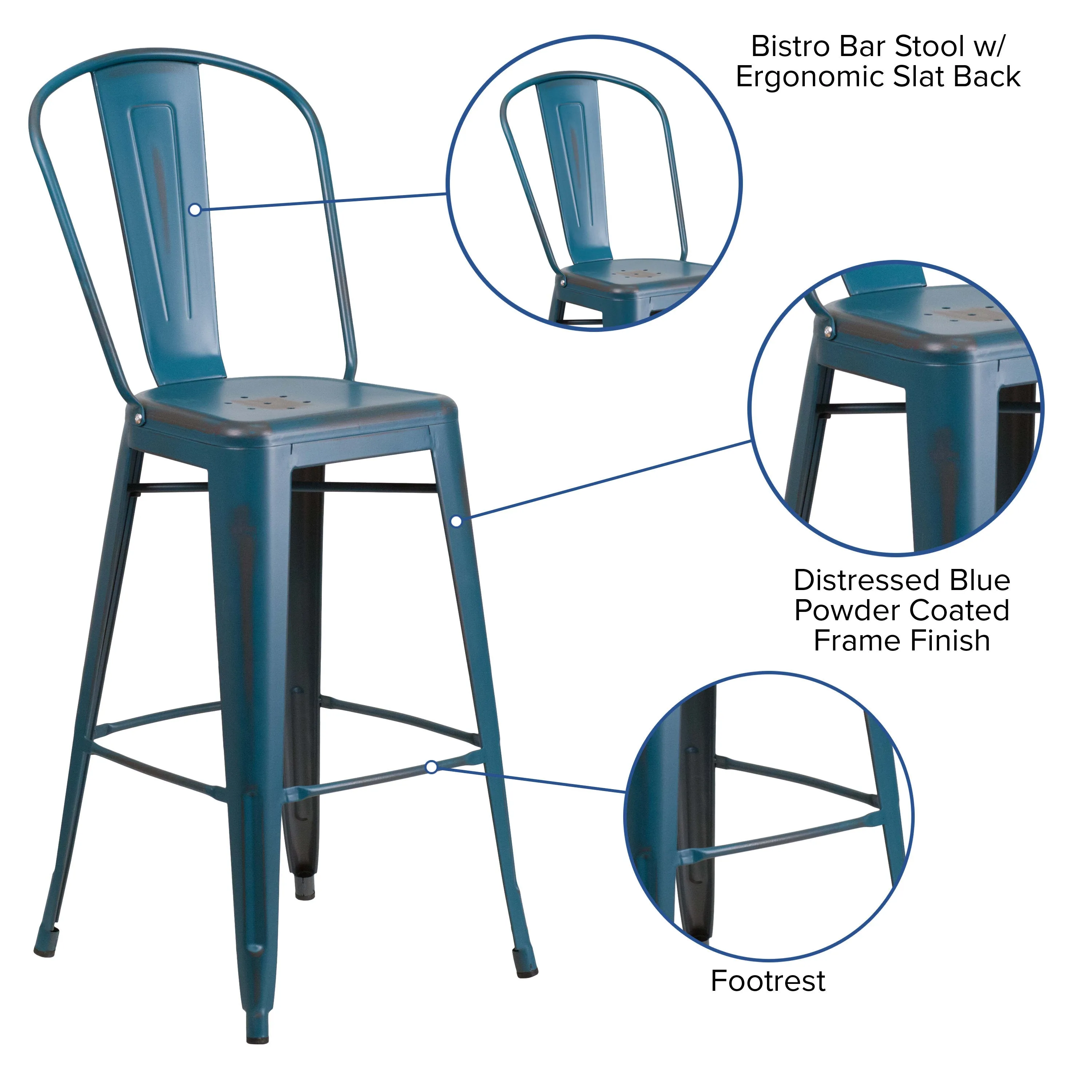 Commercial Grade 30" High Distressed Metal Indoor-Outdoor Barstool with Back