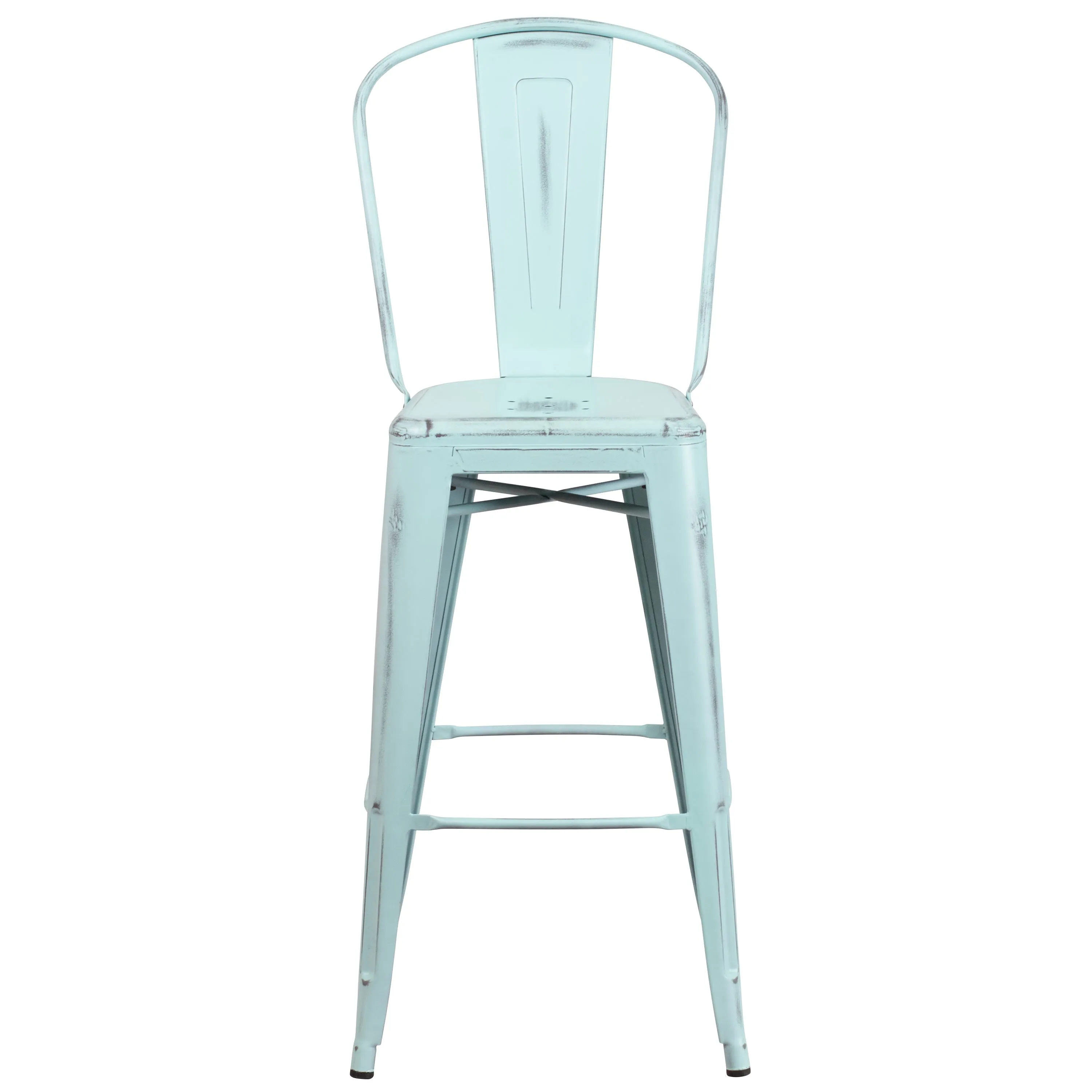 Commercial Grade 30" High Distressed Metal Indoor-Outdoor Barstool with Back