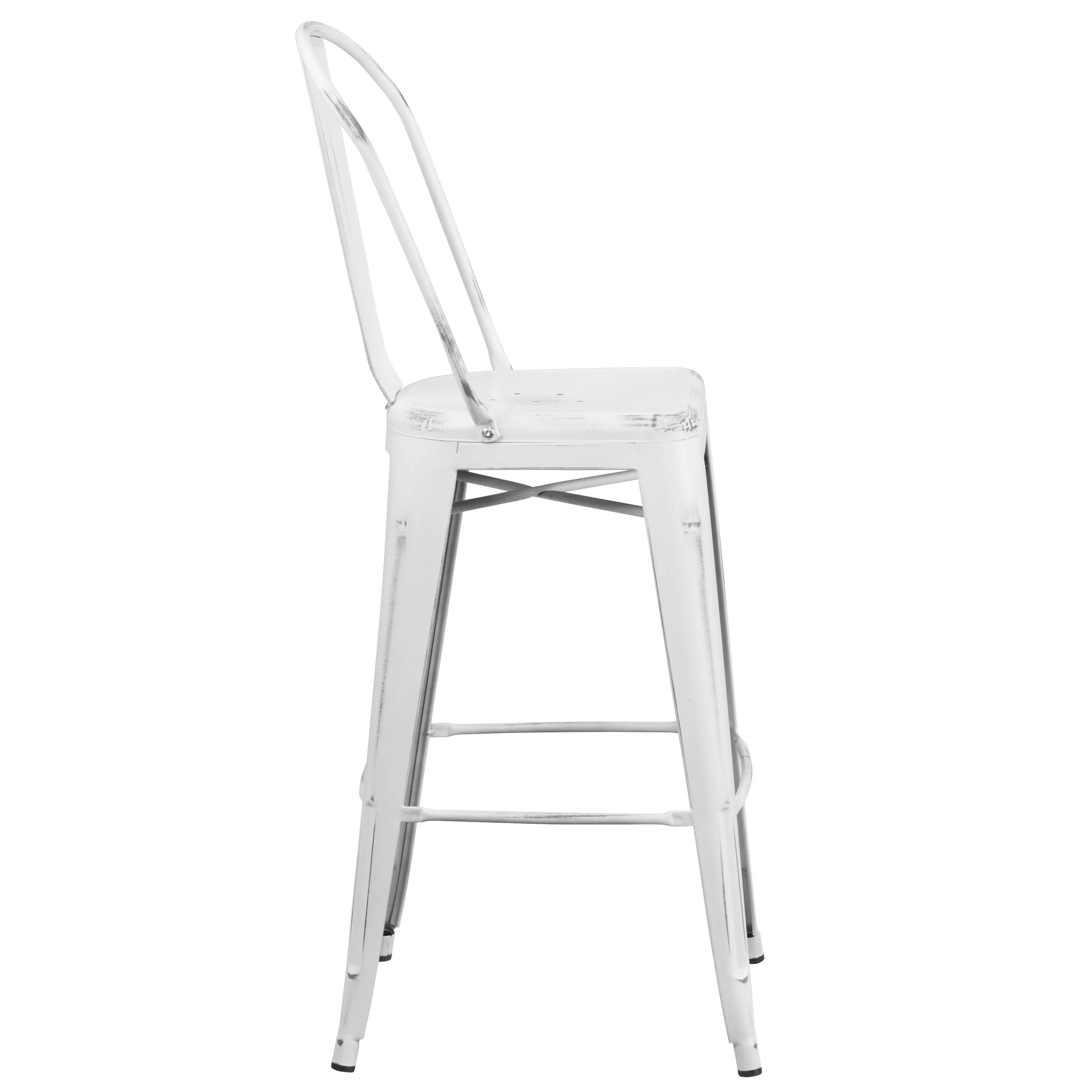 Commercial Grade 30" High Distressed Metal Indoor-Outdoor Barstool with Back