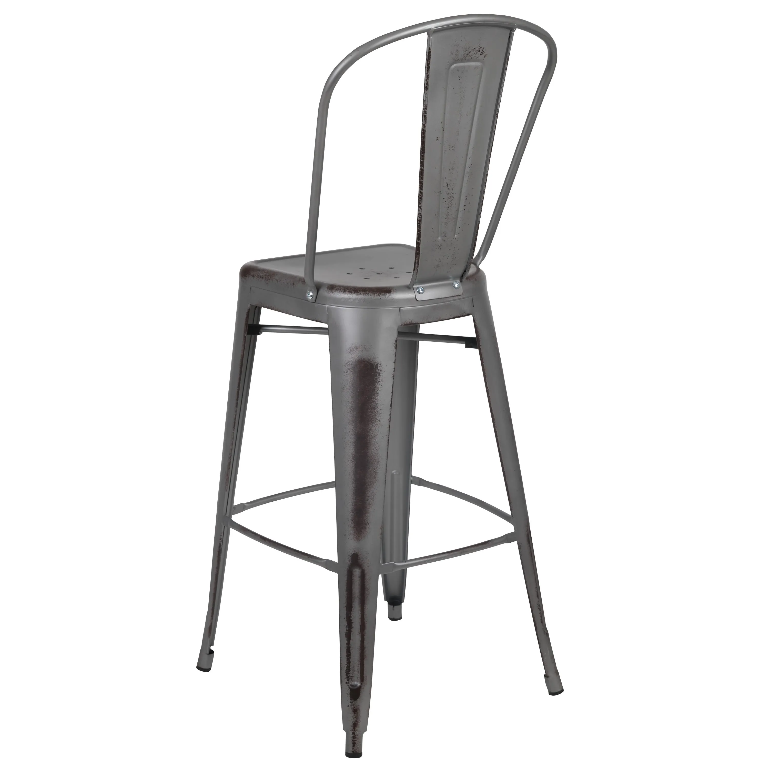 Commercial Grade 30" High Distressed Metal Indoor-Outdoor Barstool with Back