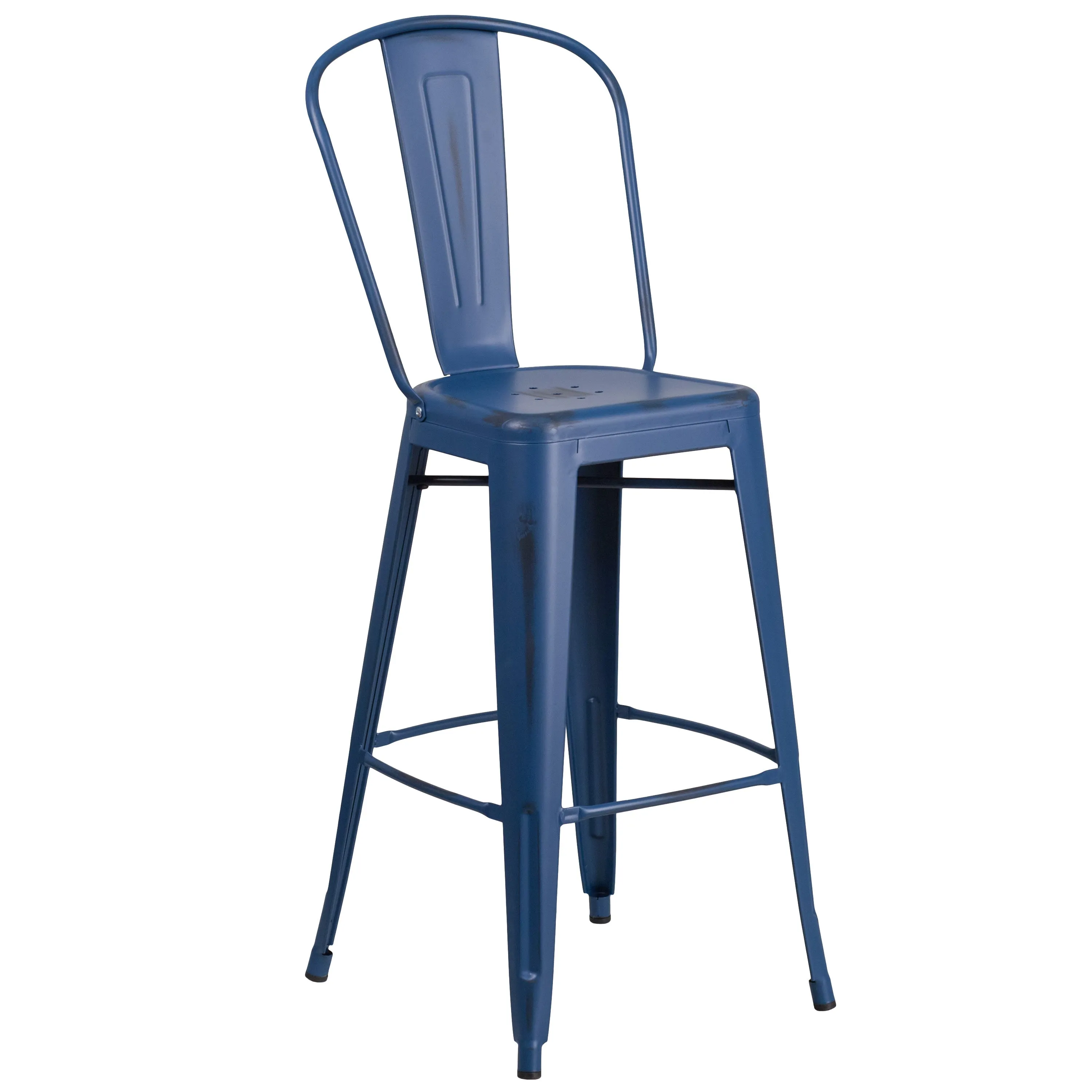 Commercial Grade 30" High Distressed Metal Indoor-Outdoor Barstool with Back