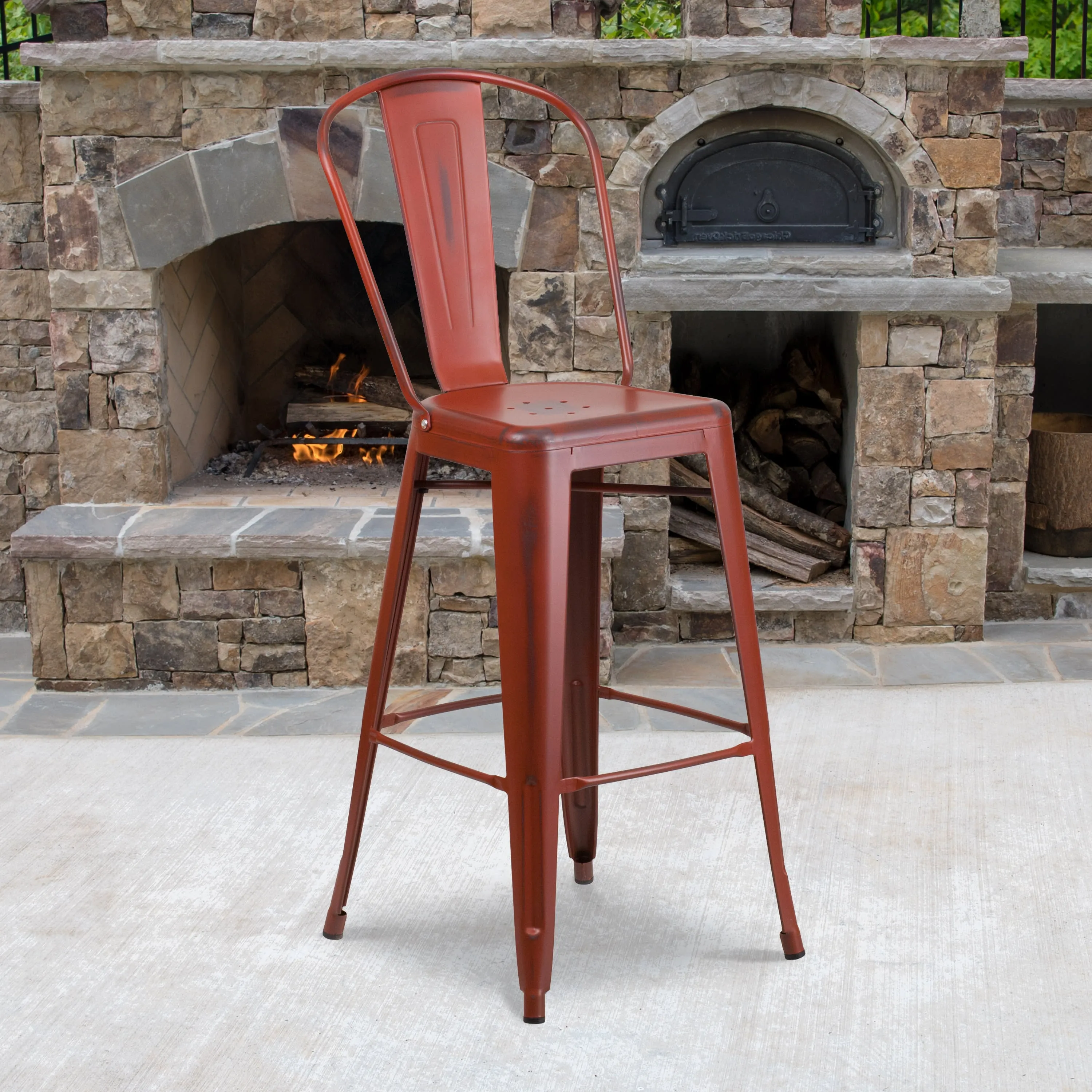 Commercial Grade 30" High Distressed Metal Indoor-Outdoor Barstool with Back