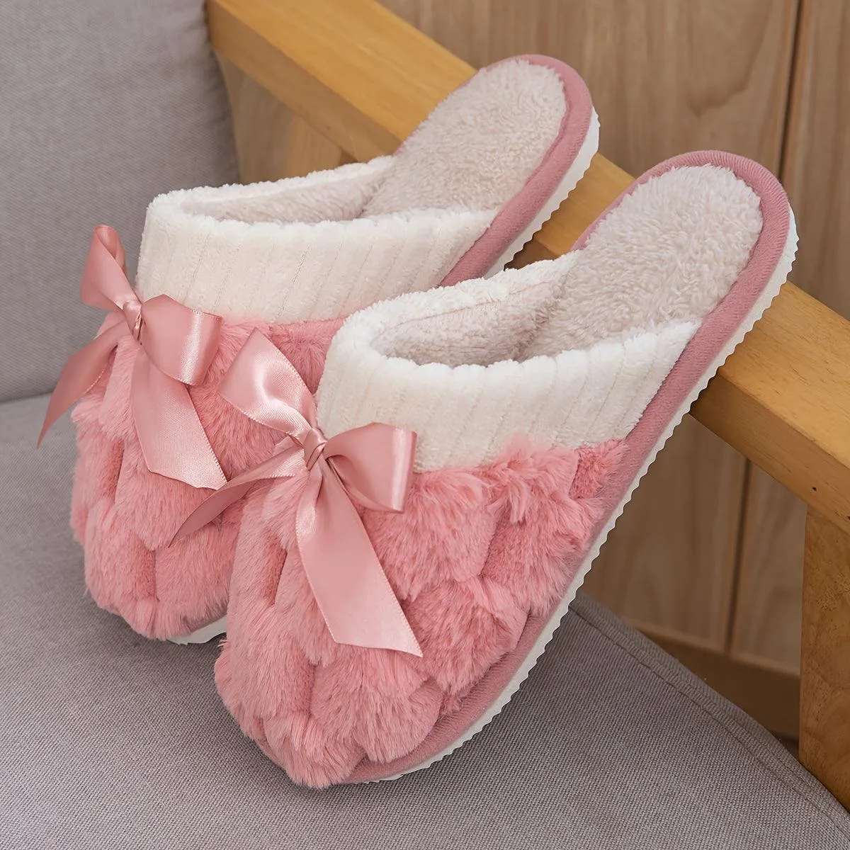 Cozy Bowknot Slippers Soft Warm and Nonslip for Winter